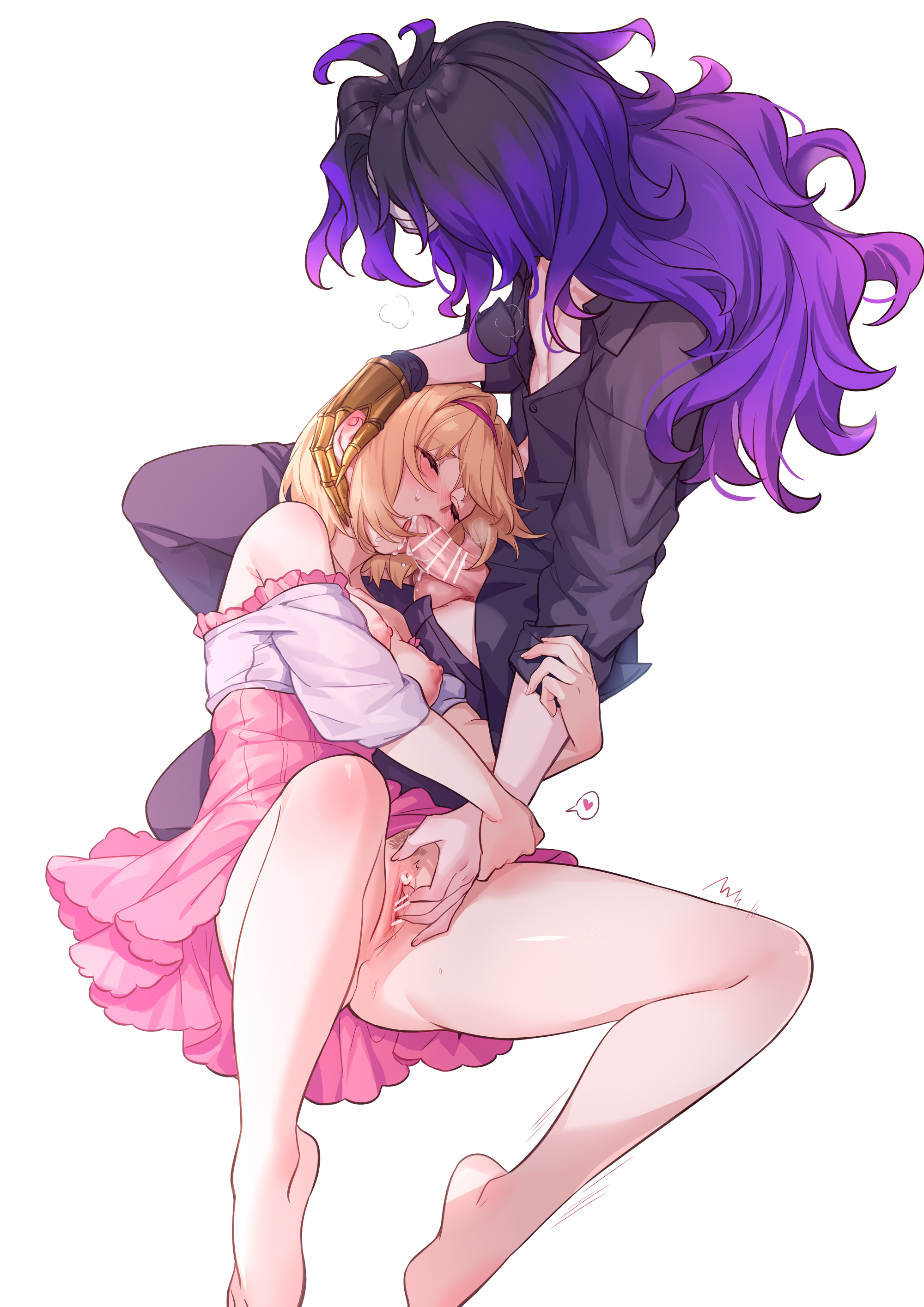 aki663, djeeta (granblue fantasy), orologia (male), granblue fantasy, absurdres, highres, 1boy, 1girl, bar censor, bare legs, black hair, blush, bottomless, breasts, censored, closed mouth, dress, fellatio, female pubic hair, fingering, gloves, hair intakes, hairband, heart, heart censor, heavy breathing, long hair, medium breasts, medium hair, nipples, off shoulder, oral, penis, pubic hair, purple hair, pussy, single glove, spoken heart, spread legs, trembling