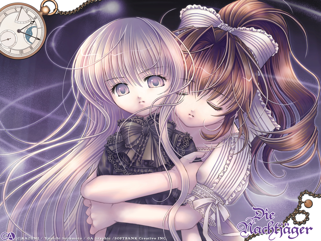 plastic moon, freyja nachtjager, shirakawa ena, die nachtjager, silver hair, 2girls, brown hair, closed eyes, die nachtju00e4ger, freyja nachtju00e4ger, gothic lolita, grey eyes, hair ribbon, hug, lolita fashion, long hair, multiple girls, pocket watch, ponytail, ribbon, watch