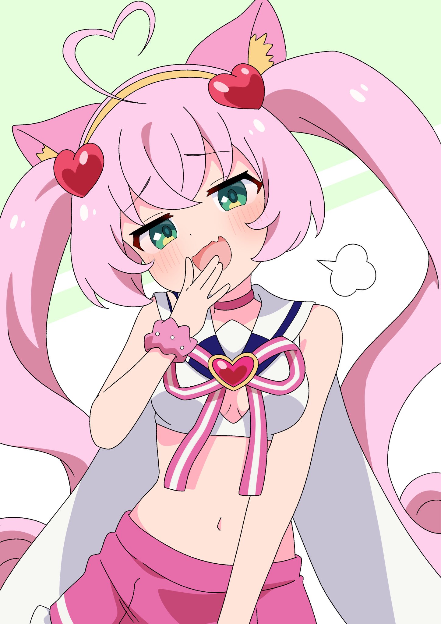 yuu-kun (inugamikenoy), rosia (show by rock!!), show by rock!!, highres, 1girl, :d, ahoge, animal ear fluff, animal ears, bare shoulders, blush, breasts, cat ears, cat girl, choker, cleavage, cleavage cutout, clothing cutout, crop top, fang, green background, green eyes, hair between eyes, hair ornament, hairband, hand to own mouth, hand up, head tilt, heart, heart ahoge, long hair, looking at viewer, medium breasts, midriff, navel, open mouth, pink choker, pink hair, pink ribbon, pink scrunchie, pink skirt, puff of air, ribbon, sailor collar, scrunchie, shirt, simple background, skin fang, skirt, sleeveless, sleeveless shirt, small breasts, smile, smug, solo, twintails, two-tone background, very long hair, white background, white shirt, yellow hairband