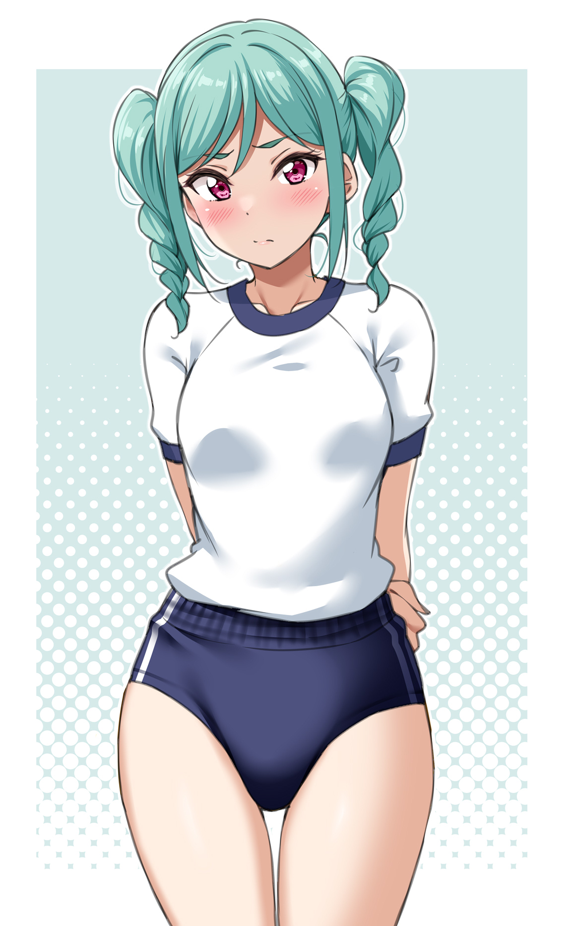 yopparai oni, onitsuka tomari, love live!, love live! superstar!!, highres, 1girl, arms behind back, blue buruma, blush, braid, breasts, buruma, collarbone, green hair, gym uniform, hair between eyes, looking at viewer, red eyes, shirt, short hair, simple background, small breasts, solo, t-shirt, twin braids