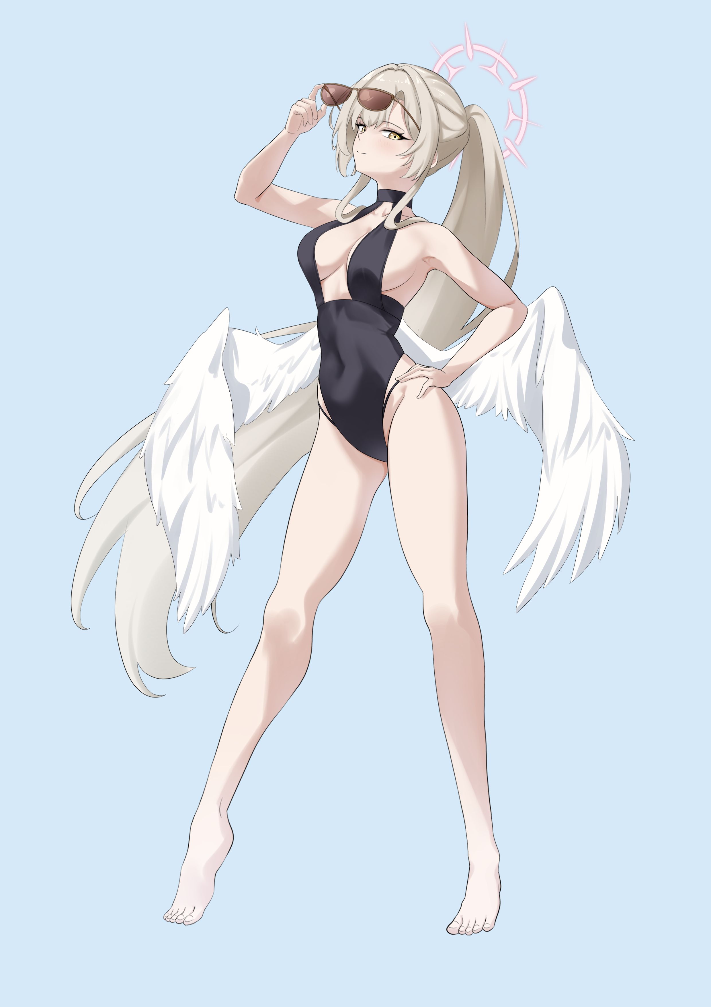 meonic, nagisa (blue archive), nagisa (swimsuit) (blue archive), blue archive, absurdres, highres, 1girl, angel wings, aviator sunglasses, barefoot, black one-piece swimsuit, breasts, brown eyes, cleavage, covered navel, eyewear on head, full body, grey hair, halo, hands on own hips, highleg, highleg one-piece swimsuit, low twintails, official alternate hairstyle, one-piece swimsuit, pink halo, ponytail, solo, sunglasses, swimsuit, turtleneck, twintails, white wings, wings