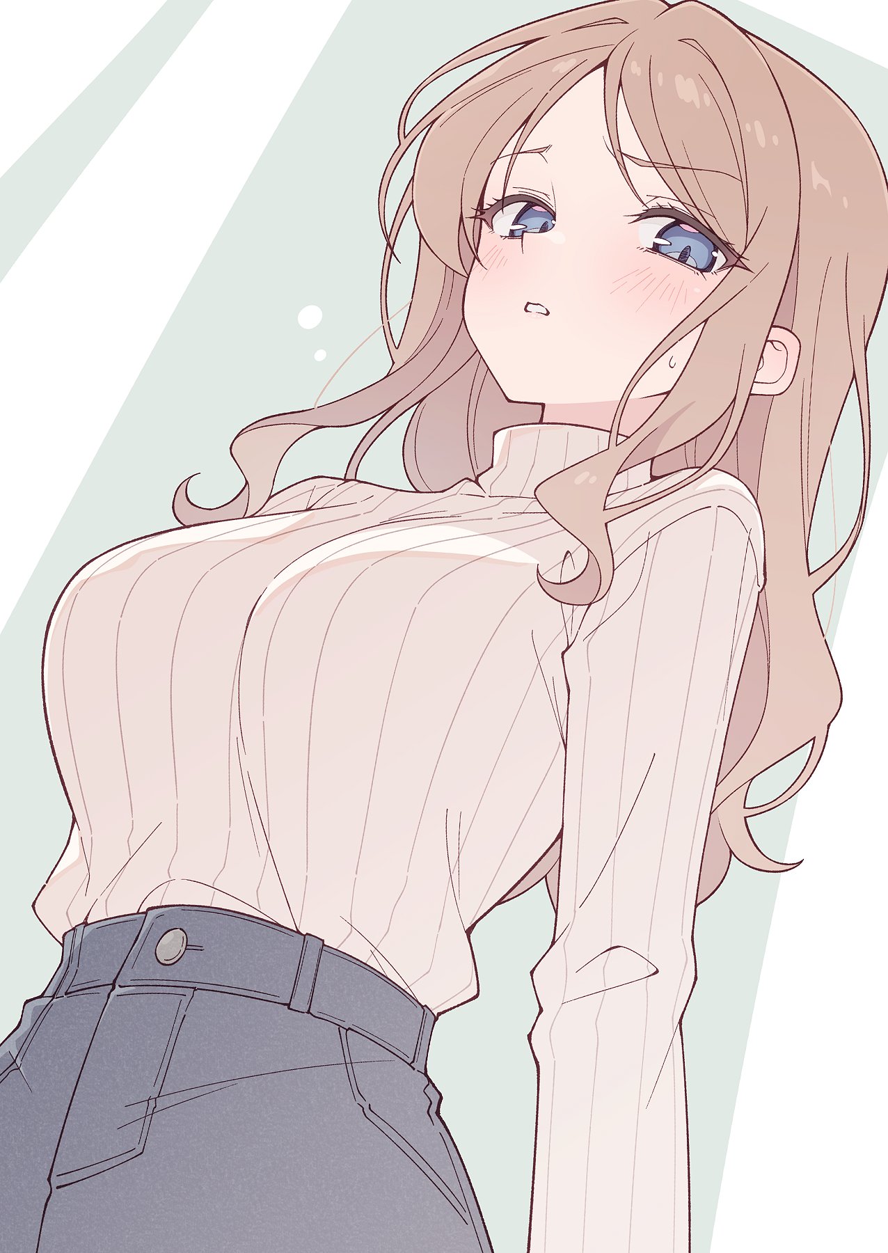 e20, nagasaki soyo, bang dream!, bang dream! it's mygo!!!!!, commentary request, highres, 1girl, blue eyes, blush, breasts, brown hair, large breasts, long hair, long sleeves, looking at viewer, open mouth, pink sweater, sidelocks, solo, sweater, upper body