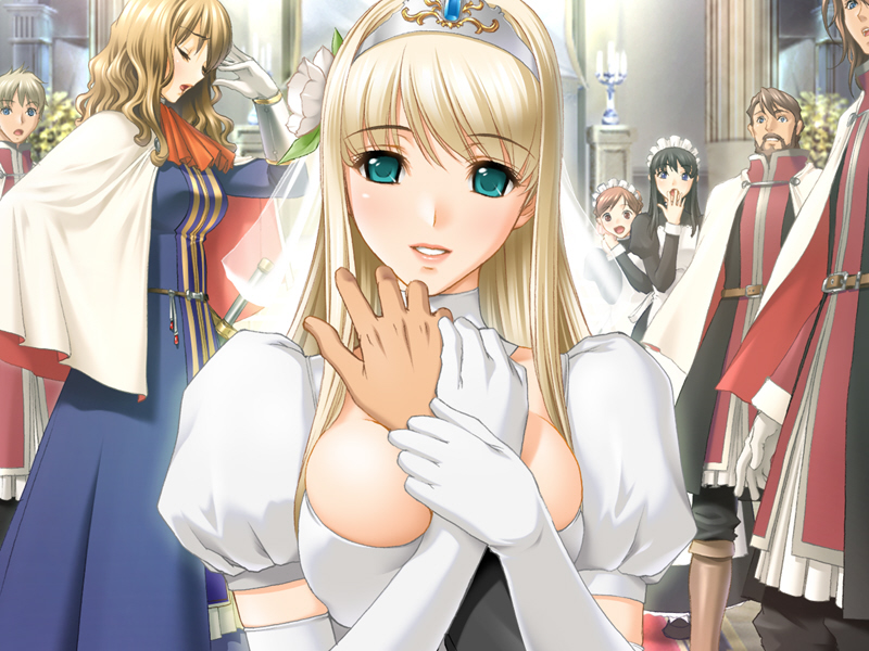 sano toshihide, princess juliette, rizeru, g.j?, queen bonjourno, game cg, 3boys, 4girls, aqua eyes, between breasts, blonde hair, blue eyes, blush, breasts, breasts squeezed together, cape, cleavage, crowd, crown, dress, elbow gloves, gloves, huge breasts, multiple boys, multiple girls, pov, robe, smile, white gloves