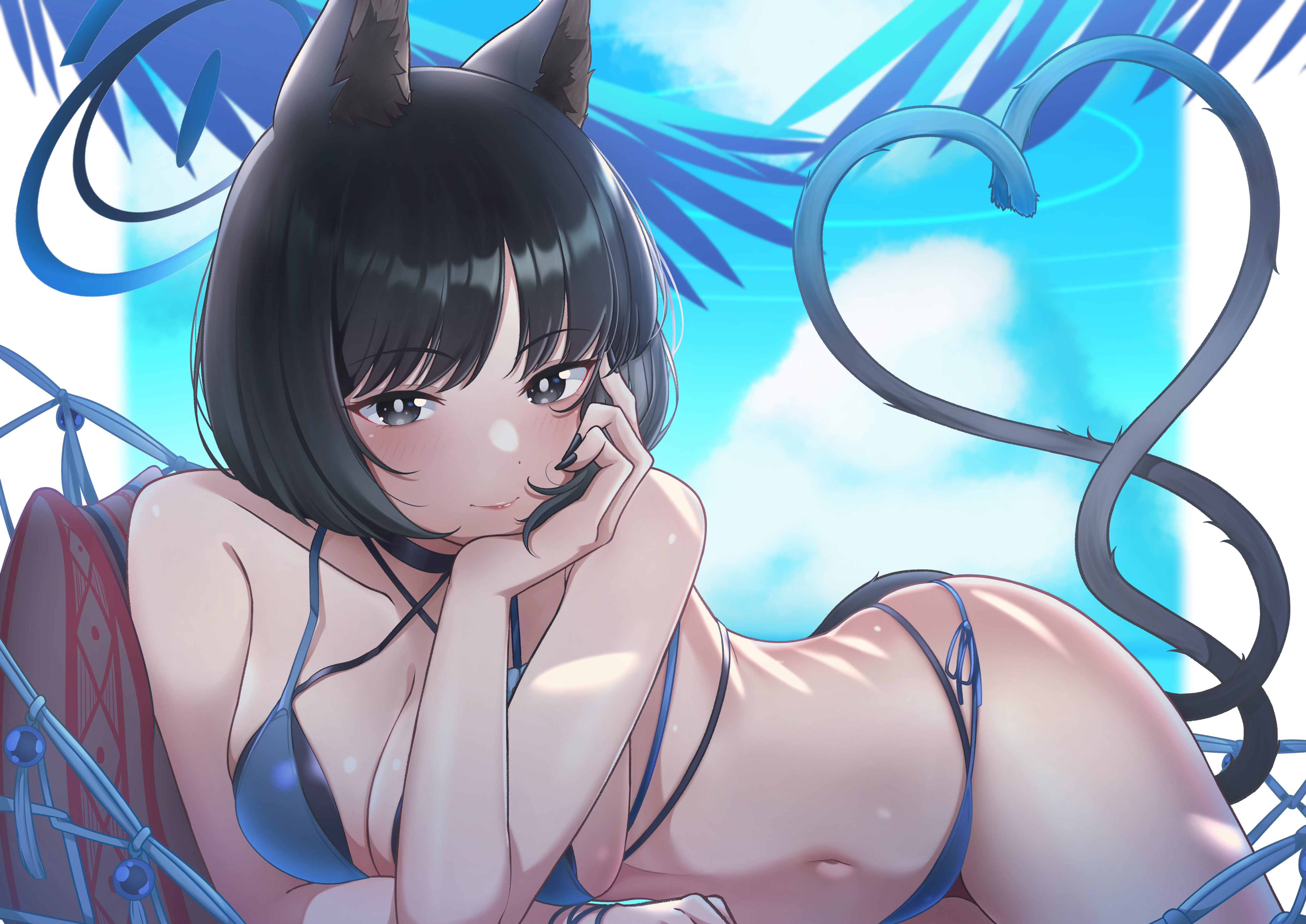 mr2d, kikyou (blue archive), kikyou (swimsuit) (blue archive), blue archive, absurdres, highres, 1girl, animal ears, bikini, black eyes, black hair, blue bikini, blue halo, blue tail, cat ears, cat girl, cat tail, criss-cross straps, gradient tail, halo, hammock, layered bikini, looking at viewer, multi-strapped bikini bottom, multiple tails, official alternate costume, short hair, solo, swimsuit, tail, two tails