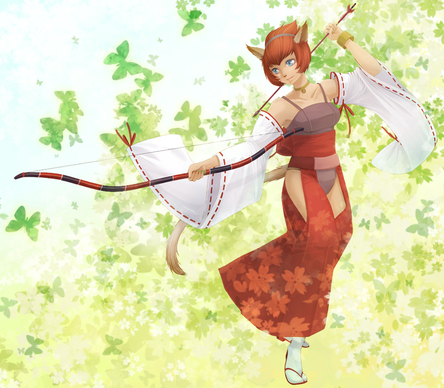 takatsuki kahiro, mithra (ff11), final fantasy, final fantasy xi, 00s, 1girl, animal ears, arrow (projectile), blue eyes, bow (weapon), cat ears, cat girl, cat tail, detached sleeves, female focus, full body, red hair, short hair, solo, tail, weapon