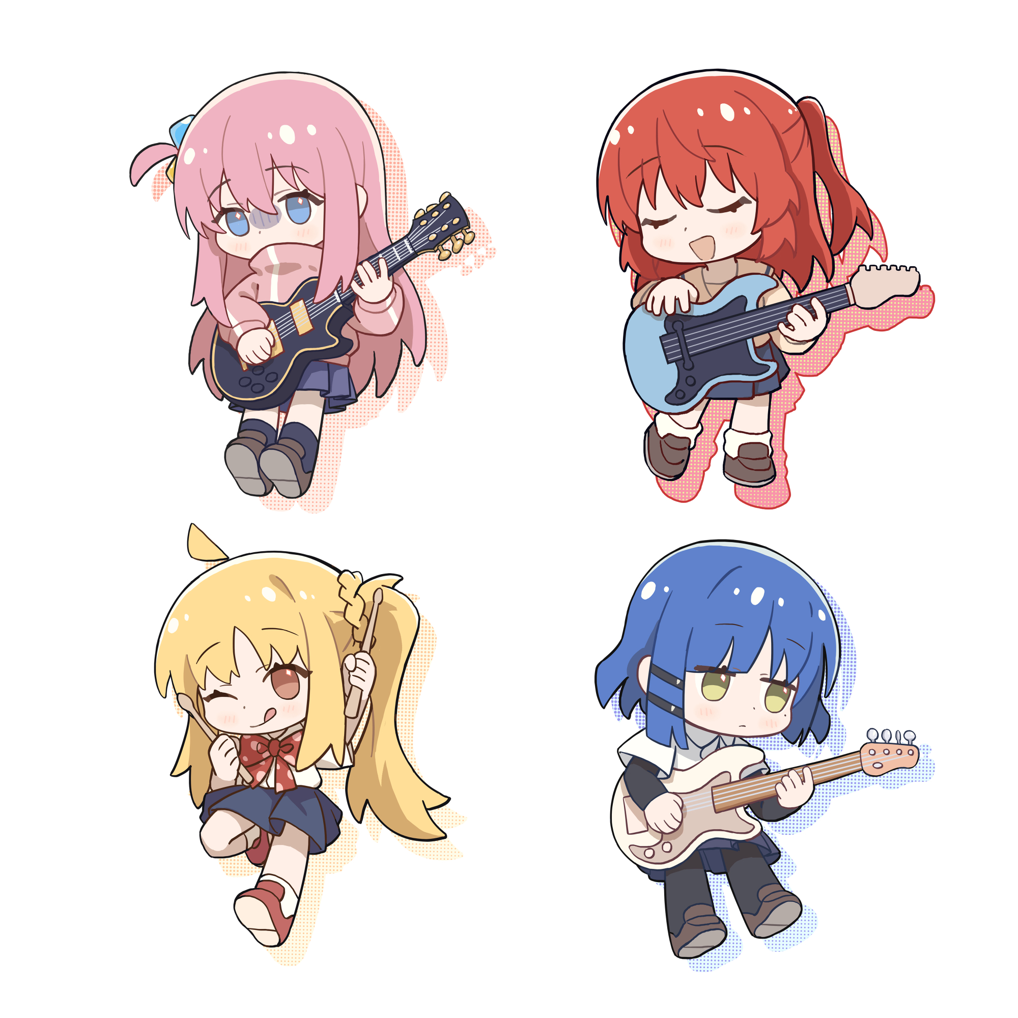 tianqiyubao euc, gotoh hitori, ijichi nijika, kita ikuyo, yamada ryo, bocchi the rock!, chinese commentary, commentary request, highres, 4girls, :d, ;q, ahoge, bass guitar, blonde hair, blue hair, blue skirt, blush, bow, bowtie, brown shirt, brown shoes, chibi, chibi only, closed eyes, closed mouth, cube hair ornament, drop shadow, drumsticks, electric guitar, full body, green eyes, guitar, hair ornament, holding, holding drumsticks, holding guitar, holding instrument, instrument, jacket, kessoku band, long hair, multiple girls, one eye closed, one side up, open mouth, pink hair, pink jacket, pleated skirt, polka dot, polka dot bow, polka dot bowtie, red bow, red bowtie, red eyes, red hair, red shoes, school uniform, shimokitazawa high school uniform, shirt, shoes, short hair, short sleeves, shuka high school uniform, side ponytail, simple background, skirt, smile, socks, standing, tongue, tongue out, track jacket, white background, white shirt, white socks