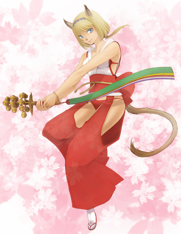 takatsuki kahiro, mithra (ff11), final fantasy, final fantasy xi, 00s, animal ears, blonde hair, blue eyes, cat ears, cat tail, hairband, panties, red panties, short hair, solo, tail, underwear