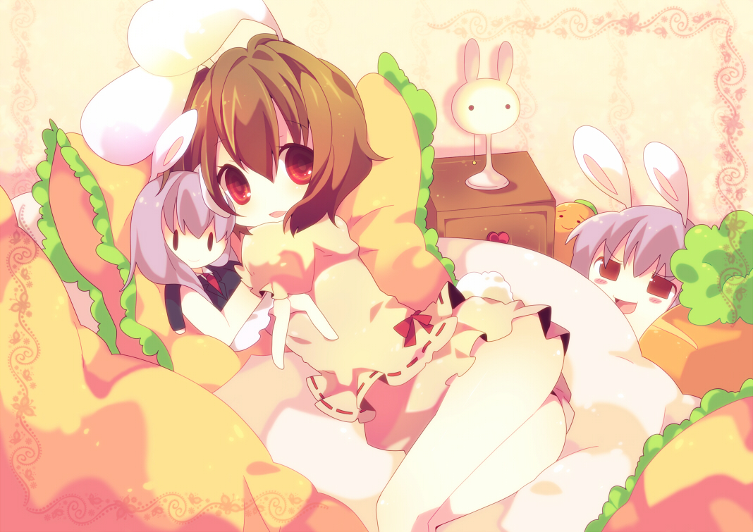 ana (rznuscrf), inaba tewi, reisen udongein inaba, touhou, bad id, bad pixiv id, 1girl, animal ears, bad anatomy, bed, blush, brown hair, character doll, child, doll, female focus, lamp, legs, looking back, pillow, purple hair, rabbit ears, rabbit girl, rabbit tail, red eyes, solo, tail, thighs, yukkuri shiteitte ne
