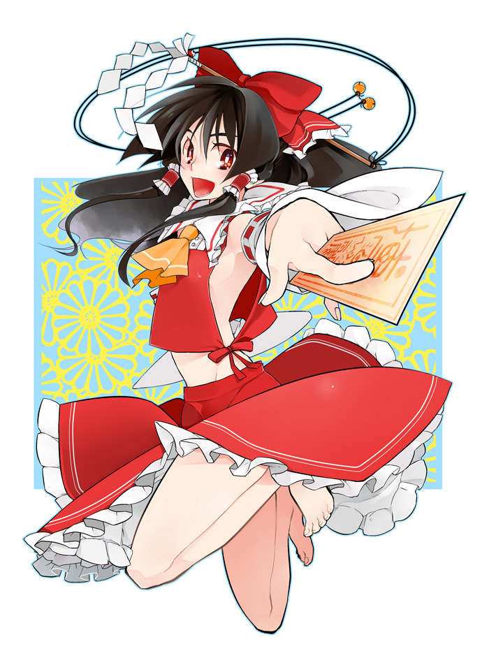 shino satoru, hakurei reimu, touhou, translation request, 1girl, barefoot, black hair, bow, detached sleeves, female focus, full body, hair bow, japanese clothes, midriff, miko, no bra, ofuda, red eyes, solo