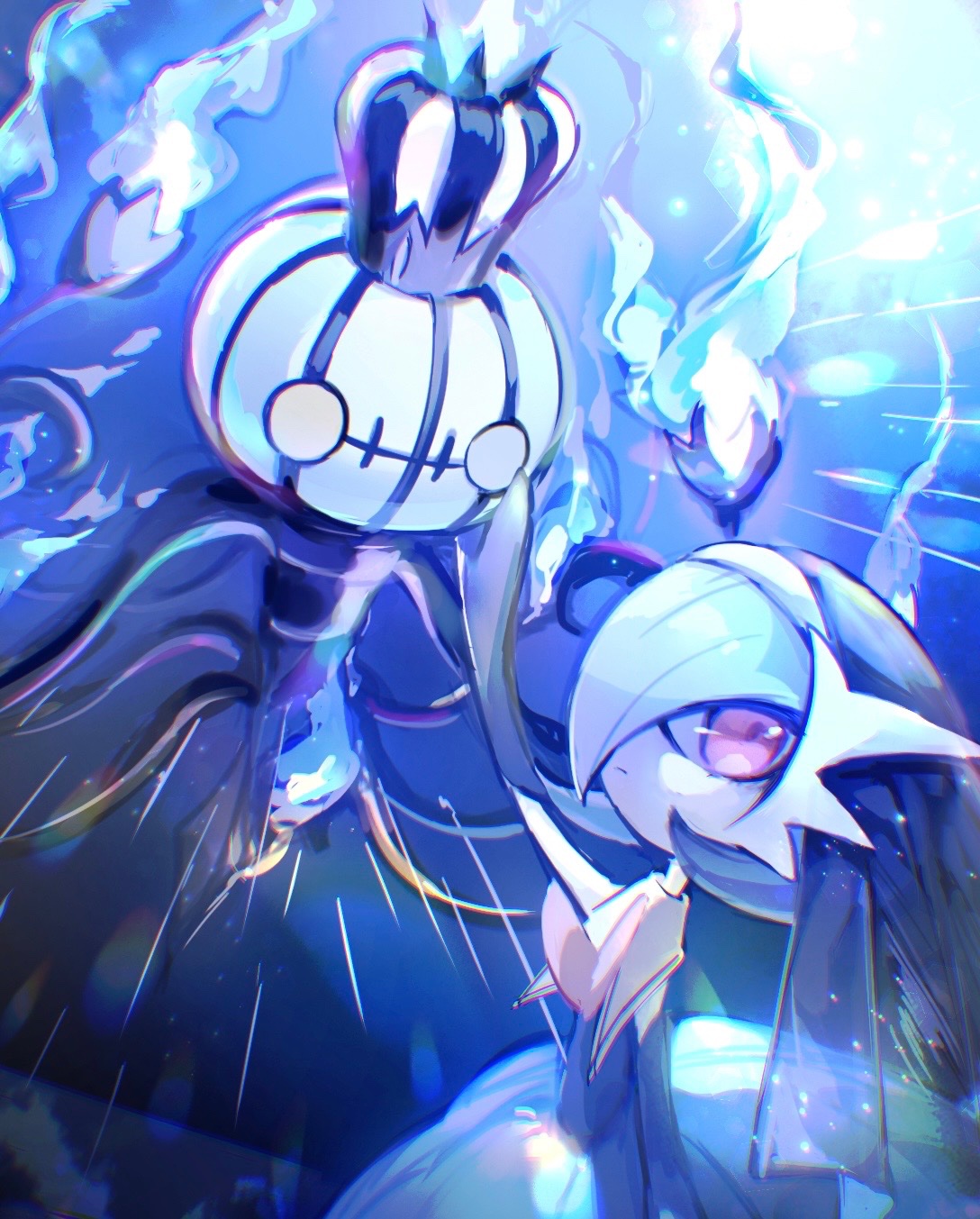 ec44gp4lflmi1wz, chandelure, gardevoir, mega chandelure, mega gardevoir, nintendo, pokemon, highres, alternate color, black gloves, blue hair, elbow gloves, fire, gen 3 pokemon, gen 5 pokemon, gloves, looking at viewer, mega pokemon, orange eyes, pokemon (creature), purple fire, shiny pokemon, veil, yellow eyes