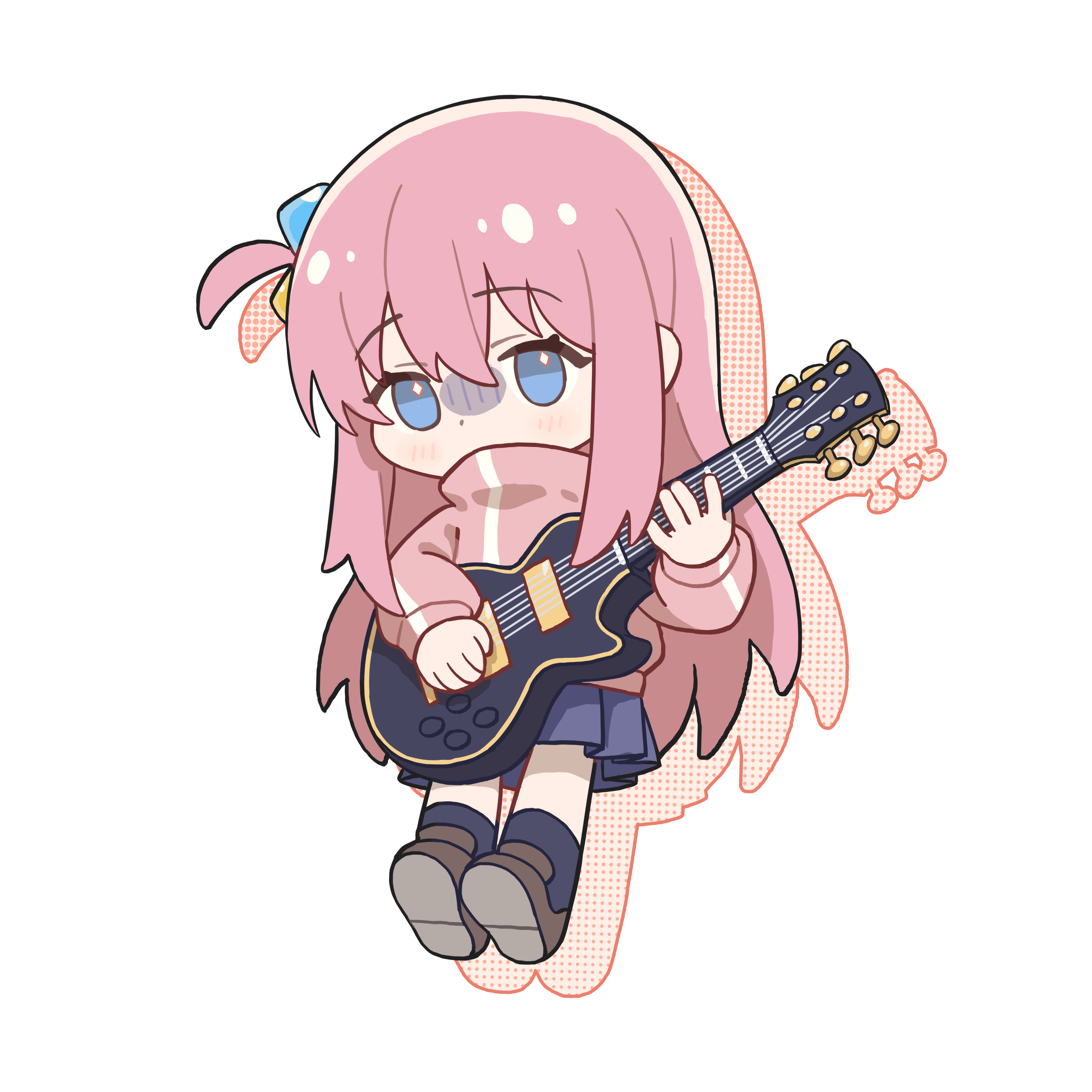 tianqiyubao euc, gotoh hitori, bocchi the rock!, absurdres, chinese commentary, commentary request, highres, 1girl, black socks, blue eyes, blue skirt, blush, brown shoes, chibi, chibi only, cube hair ornament, drop shadow, electric guitar, full body, guitar, hair ornament, holding, holding guitar, holding instrument, instrument, jacket, long hair, long sleeves, one side up, pink hair, pink jacket, pleated skirt, shoes, simple background, skirt, socks, solo, track jacket, white background
