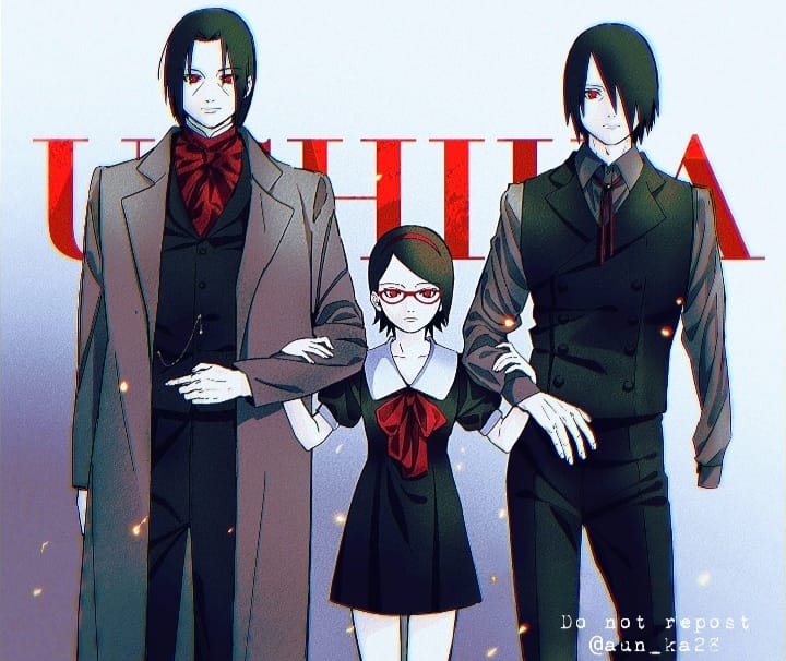 onka (aun ka28), uchiha itachi, uchiha sarada, uchiha sasuke, boruto: naruto next generations, naruto (series), third-party source, 1girl, 2boys, alternate universe, amputee, black dress, black hair, black vest, coat, collared dress, dress, embers, expressionless, father and daughter, frown, glasses, grey coat, hair over one eye, hairband, long coat, multiple boys, red-framed eyewear, red eyes, red hairband, sharingan, short dress, twitter username, uncle and niece, vest, watermark