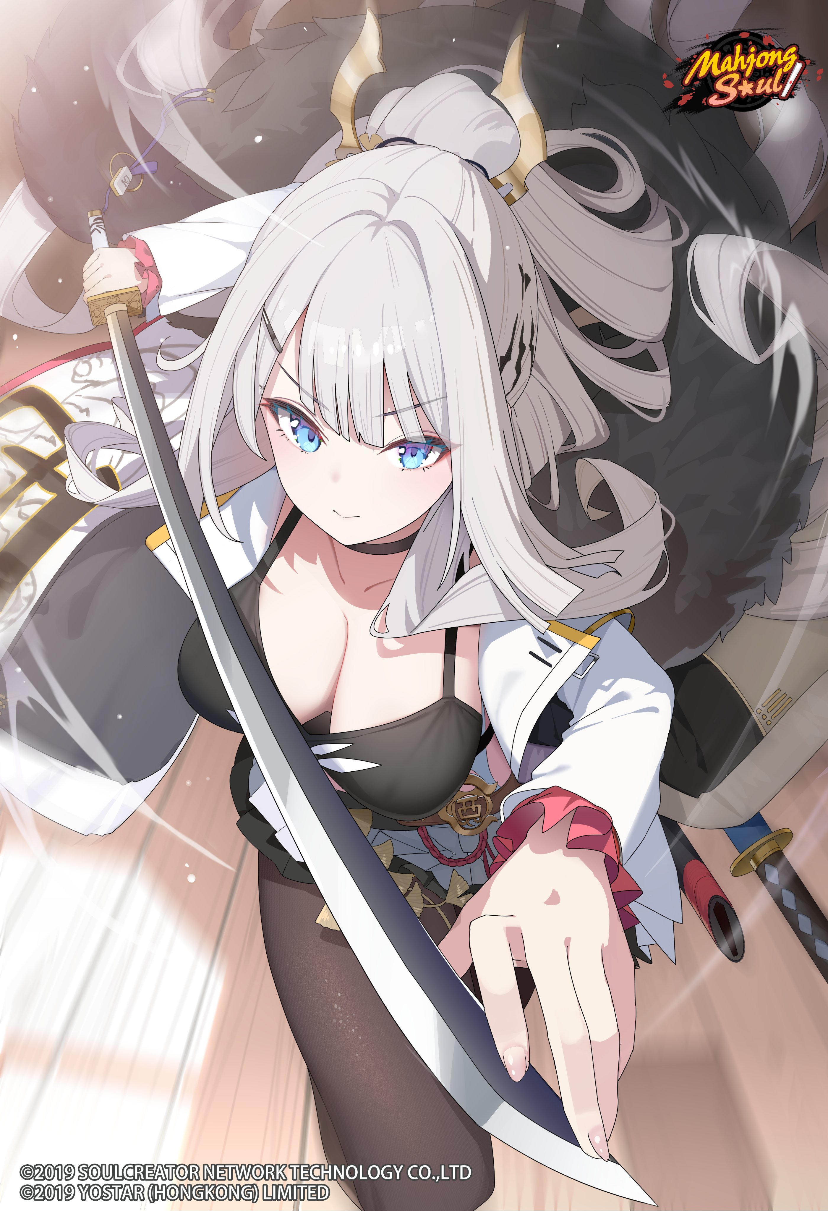 hukahire0120, saionji kazuha, mahjong soul, absurdres, highres, 1girl, bikini, bikini top only, black bikini, black choker, black skirt, blue eyes, breasts, brown pantyhose, choker, cleavage, closed mouth, coat, hair ornament, holding, holding sword, holding weapon, katana, large breasts, long hair, long sleeves, looking at viewer, miniskirt, open clothes, open coat, pantyhose, pleated skirt, skirt, solo, swimsuit, sword, v-shaped eyebrows, weapon, white coat, white hair