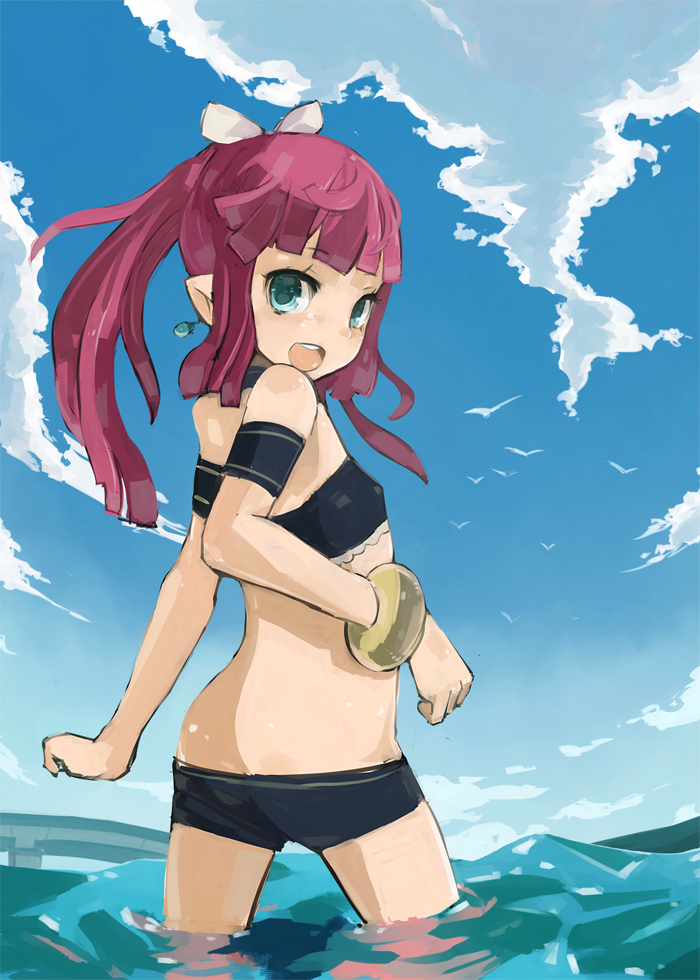 nekotewi, urin (umi monogatari), umi monogatari, bad id, bad pixiv id, 00s, 1girl, bikini, bracelet, butt crack, day, earrings, female focus, flat chest, green eyes, jewelry, long hair, looking back, ocean, outdoors, pointy ears, ponytail, red hair, ribbon, short shorts, shorts, sky, solo, swimsuit, teeth, upper teeth only, wading, water