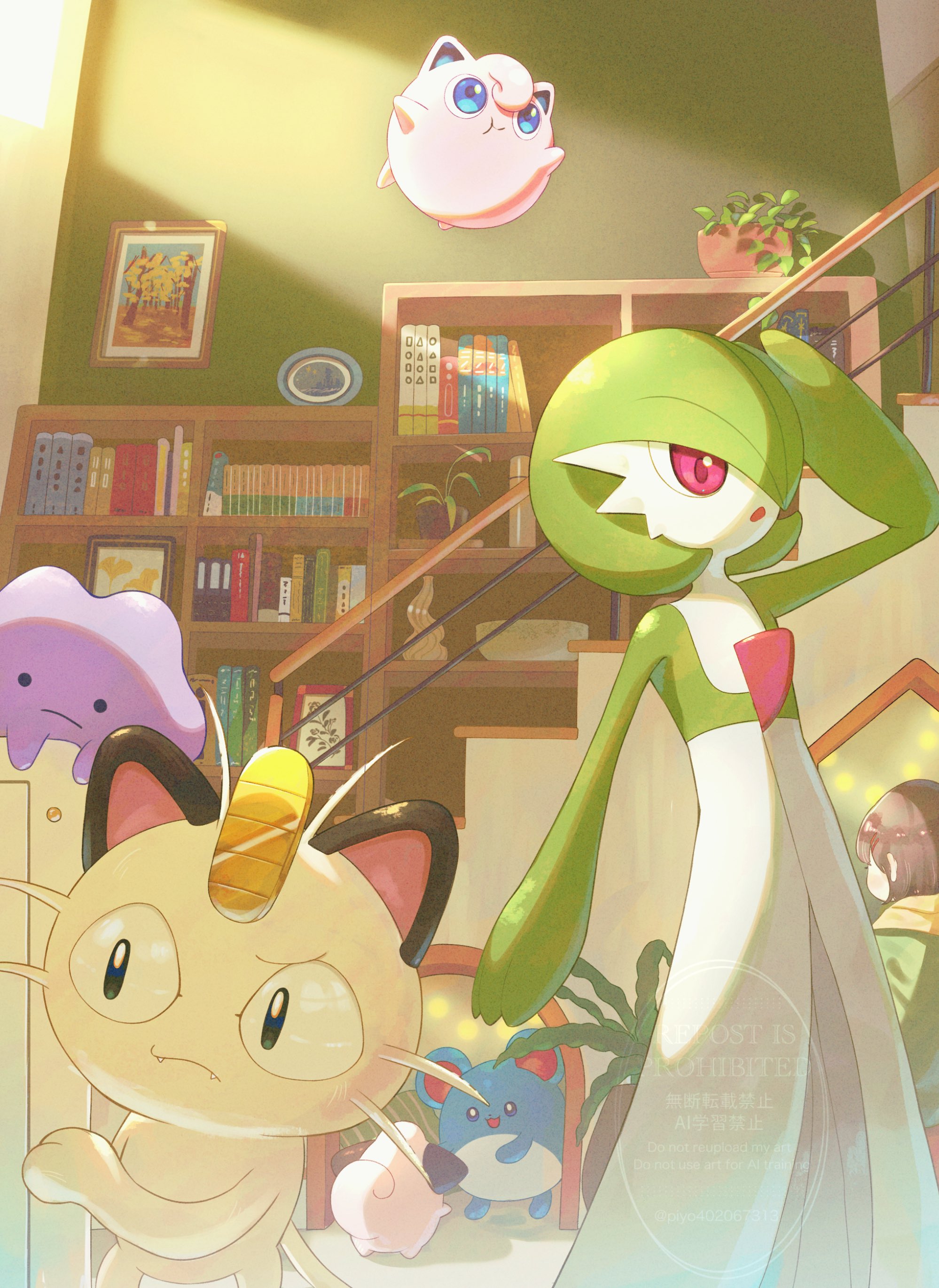 piyokonoenikki 04, azumarill, cleffa, ditto, gardevoir, jigglypuff, meowth, nintendo, pokemon, absurdres, highres, 1girl, black eyes, blue eyes, bob cut, colored skin, dress, gen 1 pokemon, gen 2 pokemon, gen 3 pokemon, green hair, green skin, hair over one eye, indoors, multicolored skin, pink eyes, pokemon (creature), purple skin, stairs, two-tone skin, watermark, white dress, white skin