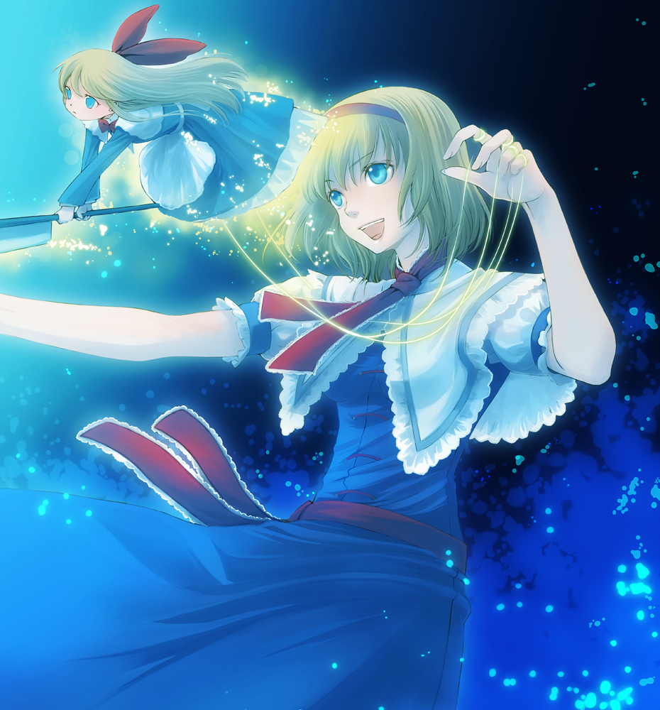 takatsuki kahiro, alice margatroid, shanghai doll, touhou, 2girls, blonde hair, blue eyes, doll, female focus, hairband, long hair, multiple girls, short hair, string