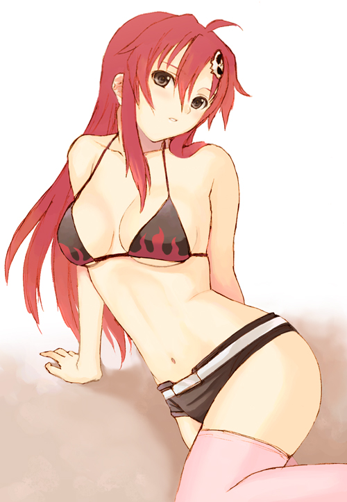 seiru (prairie), yoko littner, tengen toppa gurren lagann, unfinished, 00s, 1girl, belt, bikini, bikini top only, black bikini, blush, breasts, cleavage, female focus, hair ornament, long hair, midriff, pink thighhighs, red hair, short shorts, shorts, solo, swimsuit, thighhighs, underboob