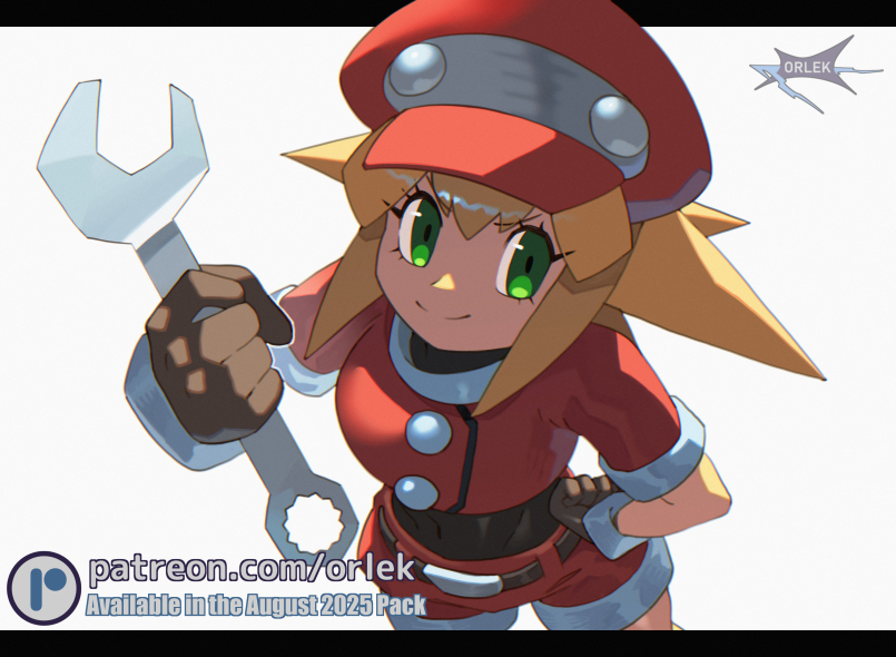 orlek, roll caskett (mega man), mega man (series), mega man legends (series), commentary, english commentary, 1girl, black bodysuit, blonde hair, bodysuit, brown gloves, clenched hands, closed mouth, cropped shirt, eyelashes, from above, gloves, green eyes, hair between eyes, hat, holding, holding wrench, looking at viewer, red hat, red shirt, red shorts, shirt, shorts, smile, solo, wrench