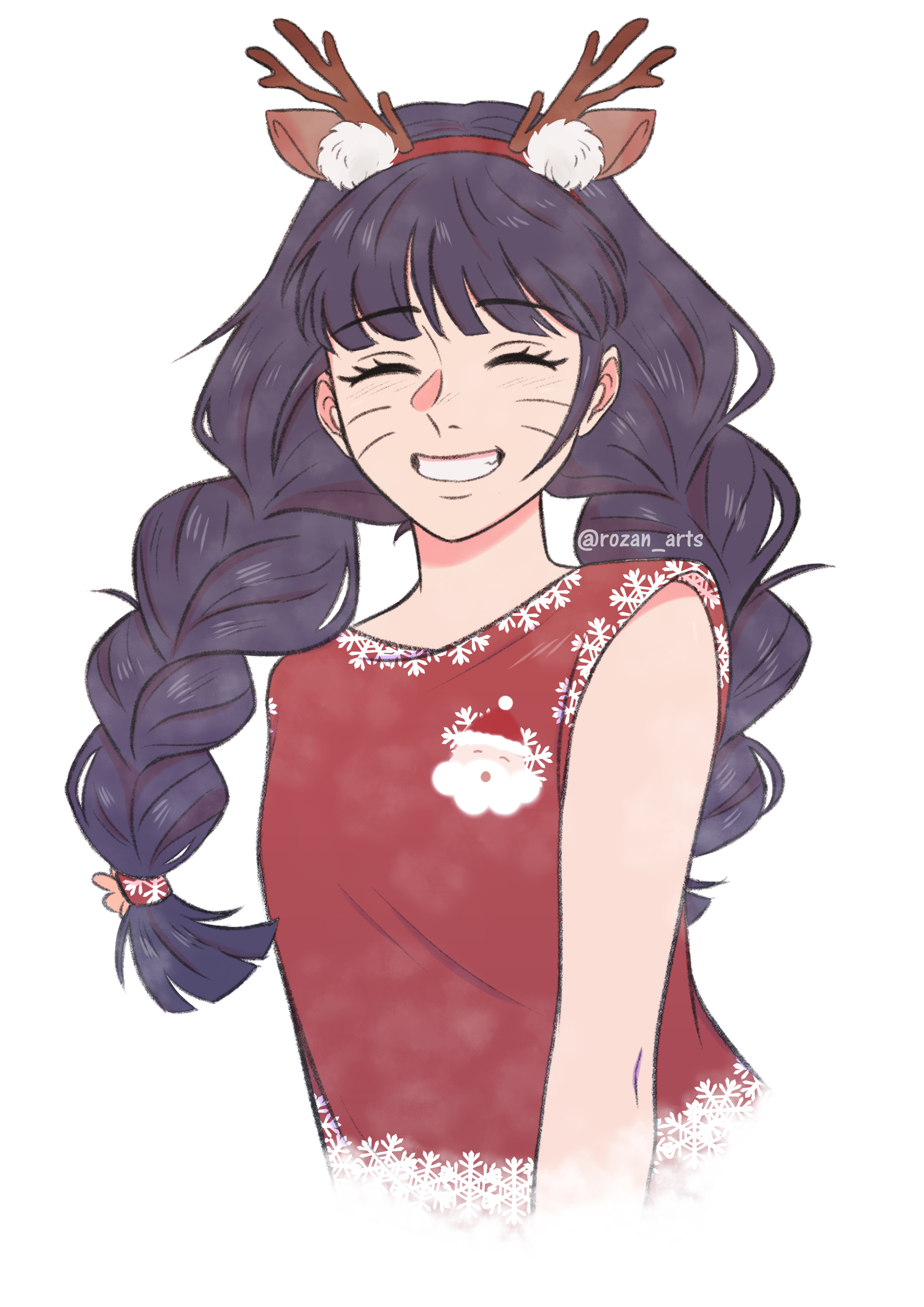 uzumaki himawari, boruto: two blue vortex, naruto (series), absurdres, highres, 1girl, alternate hairstyle, animal ear hairband, animal ears, balcony, braid, closed eyes, facial mark, fake animal ears, fake antlers, grin, hairband, long hair, low twin braids, red shirt, rozan arts, shirt, sleeveless, sleeveless shirt, smile, snowflake print, solo, twin braids, upper body, watermark, whisker markings