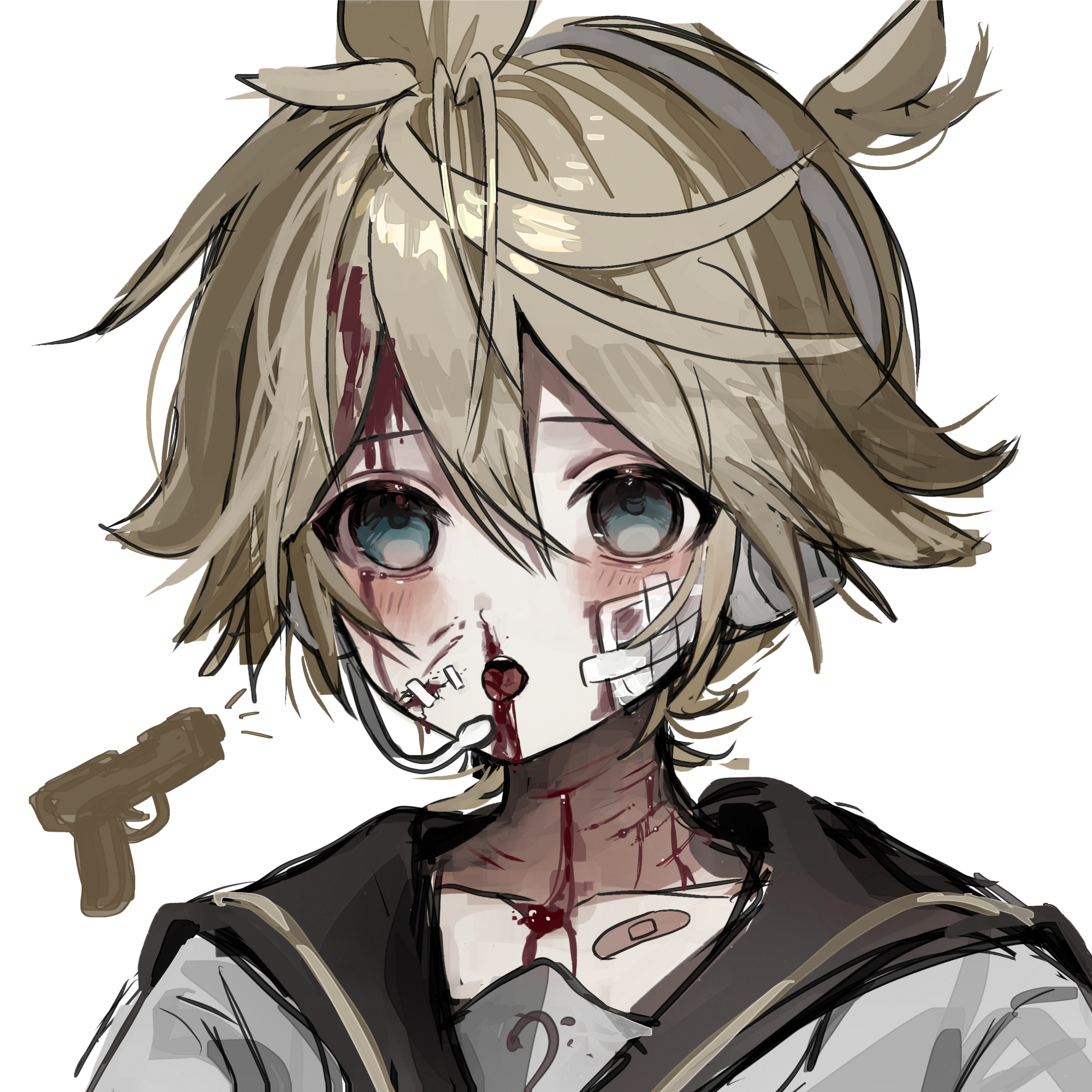 len 02, kagamine len, vocaloid, absurdres, highres, weapon request, 1boy, bags under eyes, bandaid, bandaid on chest, bass clef, bishounen, black sailor collar, bleeding, blonde hair, blood, blood from forehead, blood from mouth, blood from neck, blood in hair, bloody tears, blue eyes, blush, cuts, gauze, gauze on cheek, gun, hair between eyes, handgun, headphones, headset, high ponytail, injury, looking ahead, male focus, nosebleed, notice lines, open mouth, ponytail, print shirt, reverse ryona, sailor collar, shirt, short hair, short ponytail, sidelocks, simple background, solo, stitched face, stitches, upper body, weapon, white background, white shirt, yellow trim