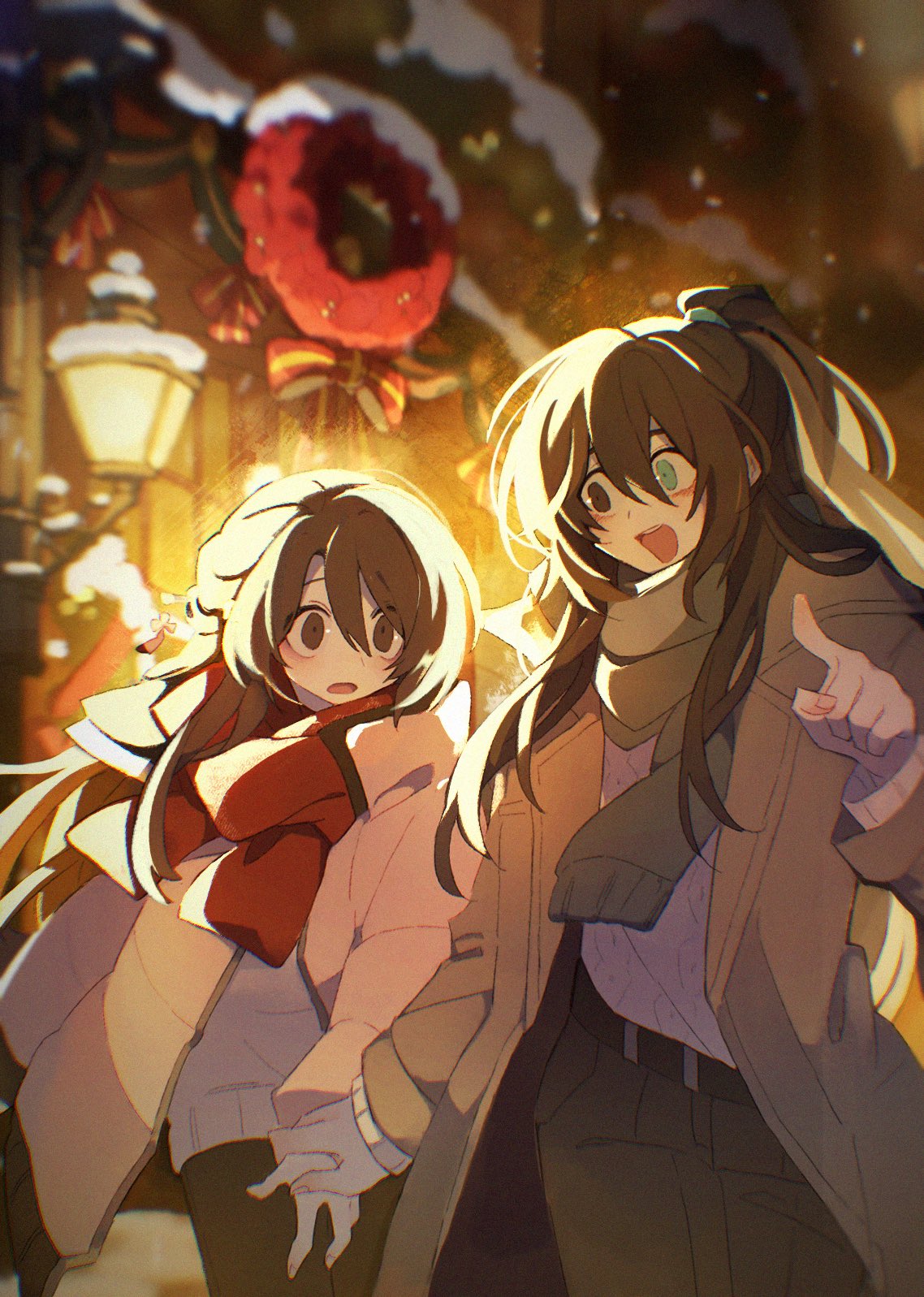 muu 037, hong lu (project moon), mu (muu 037), limbus company, original, project moon, commentary, english commentary, highres, 1boy, 1girl, :d, alternate costume, backlighting, belt, black belt, black eyes, black hair, black pants, blue eyes, blue scarf, blush, brown coat, brown hair, christmas ornaments, coat, hair between eyes, hair ornament, hair ribbon, heterochromia, holding another's wrist, lantern, layered sleeves, long coat, long hair, long sleeves, looking at another, open mouth, pants, pointing, pointing forward, ponytail, red scarf, ribbon, scarf, sidelocks, smile, snowing, straight hair, surprised, sweater, white sweater