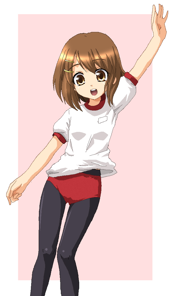 hayashiya zankurou, hirasawa yui, k-on!, 00s, 1girl, brown eyes, brown hair, buruma, female focus, gym uniform, open mouth, pantyhose, pantyhose under buruma, short hair, solo