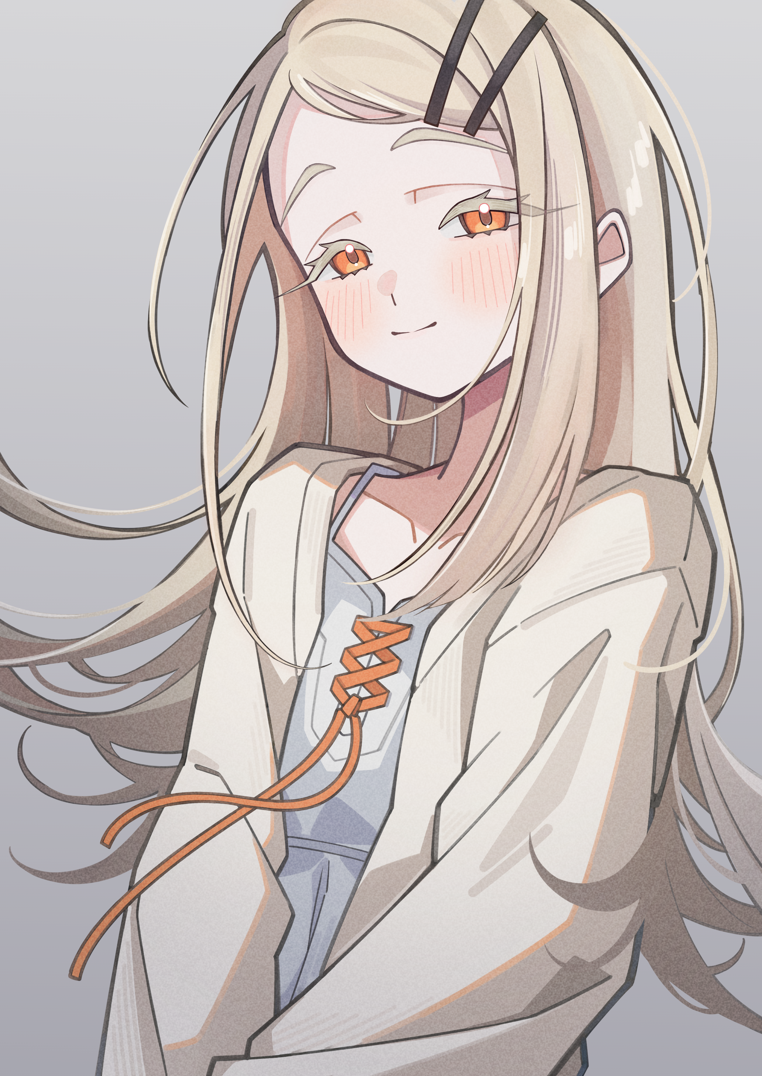 kafueore, shinosawa hiro, gakuen idolmaster, idolmaster, absurdres, highres, 1girl, blonde hair, blush, breasts, colored eyelashes, long hair, long sleeves, looking at viewer, orange eyes, small breasts, smile, solo
