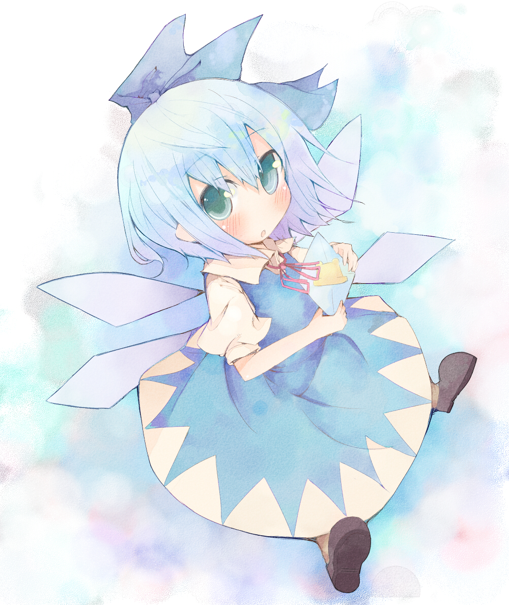 yatani row, cirno, embodiment of scarlet devil, touhou, bad id, bad pixiv id, 1girl, blue eyes, blue hair, blush, bow, child, female focus, full body, hair bow, ice, matching hair/eyes, solo