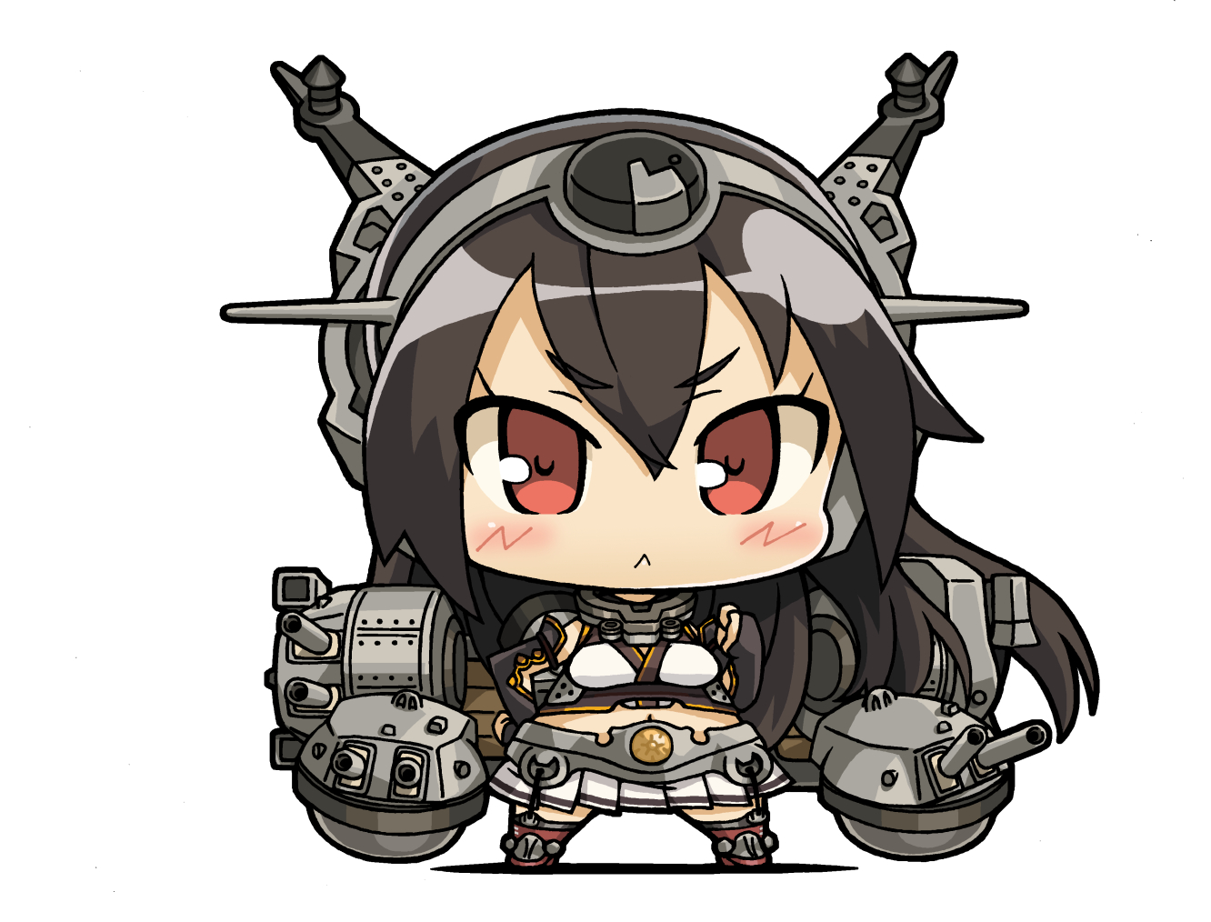 yagumo kengou, nagato (kancolle), kantai collection, 1girl, :<, black hair, blush, breasts, chibi, chibi only, clenched hand, closed mouth, garter straps, hair between eyes, hand on own hip, headgear, long hair, medium breasts, miniskirt, pleated skirt, red eyes, red thighhighs, rigging, simple background, skirt, solo, standing, thighhighs, white background, white skirt