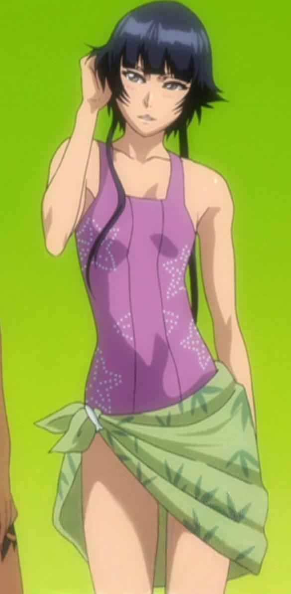sui-feng, bleach, anime screenshot, long image, stitched, tall image, third-party edit, 00s, 1girl, adjusting hair, black hair, blush, female focus, flat chest, gradient background, grey eyes, one-piece swimsuit, sarong, solo, swimsuit, twintails