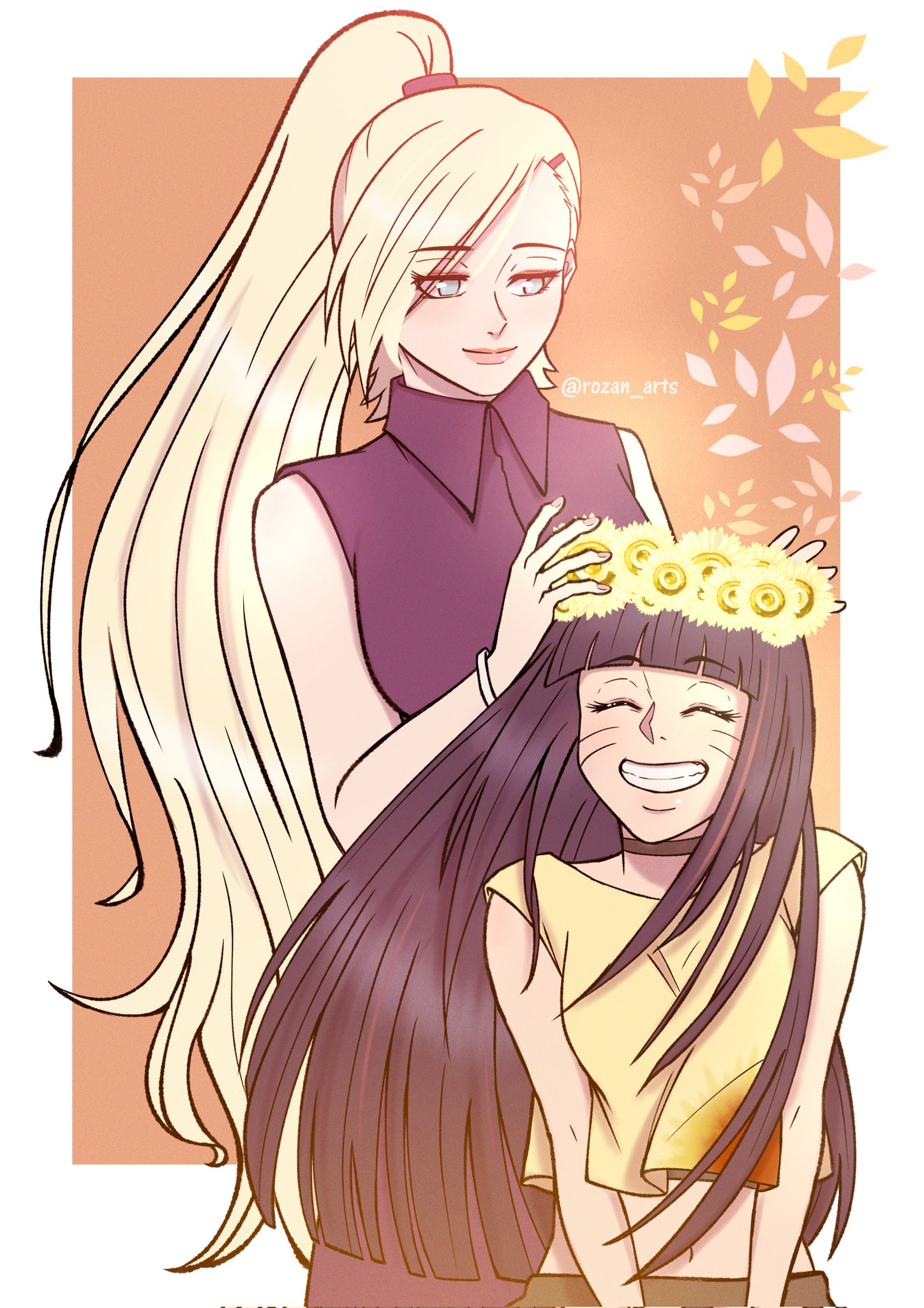 uzumaki himawari, yamanaka ino, boruto: two blue vortex, naruto (series), commentary, corrupted twitter file, english commentary, highres, 2girls, black choker, black hair, blonde hair, blue eyes, blunt bangs, bracelet, breasts, choker, crop top, eyes visible through hair, facial mark, flower, grin, hair flower, hair ornament, hairclip, head wreath, high ponytail, jewelry, long hair, medium breasts, midriff, multiple girls, navel, pink lips, ponytail, rozan arts, shirt, sleeveless, sleeveless shirt, smile, twitter username, very long hair, whisker markings