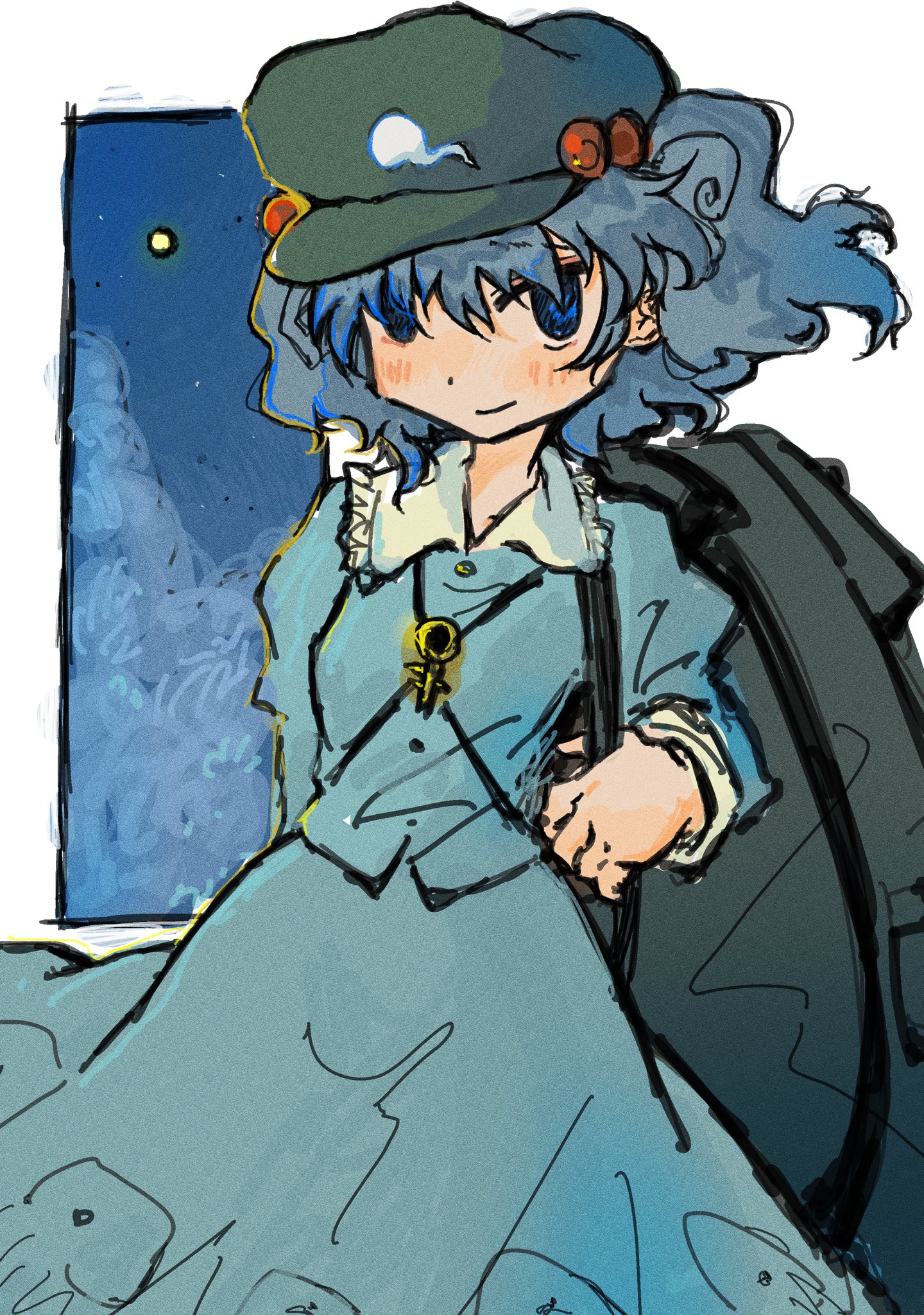 dade ne, kawashiro nitori, touhou, highres, 1girl, backpack, bag, blue shirt, blue skirt, blush, hair bobbles, hair ornament, hat, medium hair, newsboy cap, one-hour drawing challenge, shirt, short twintails, skirt, solo, twintails