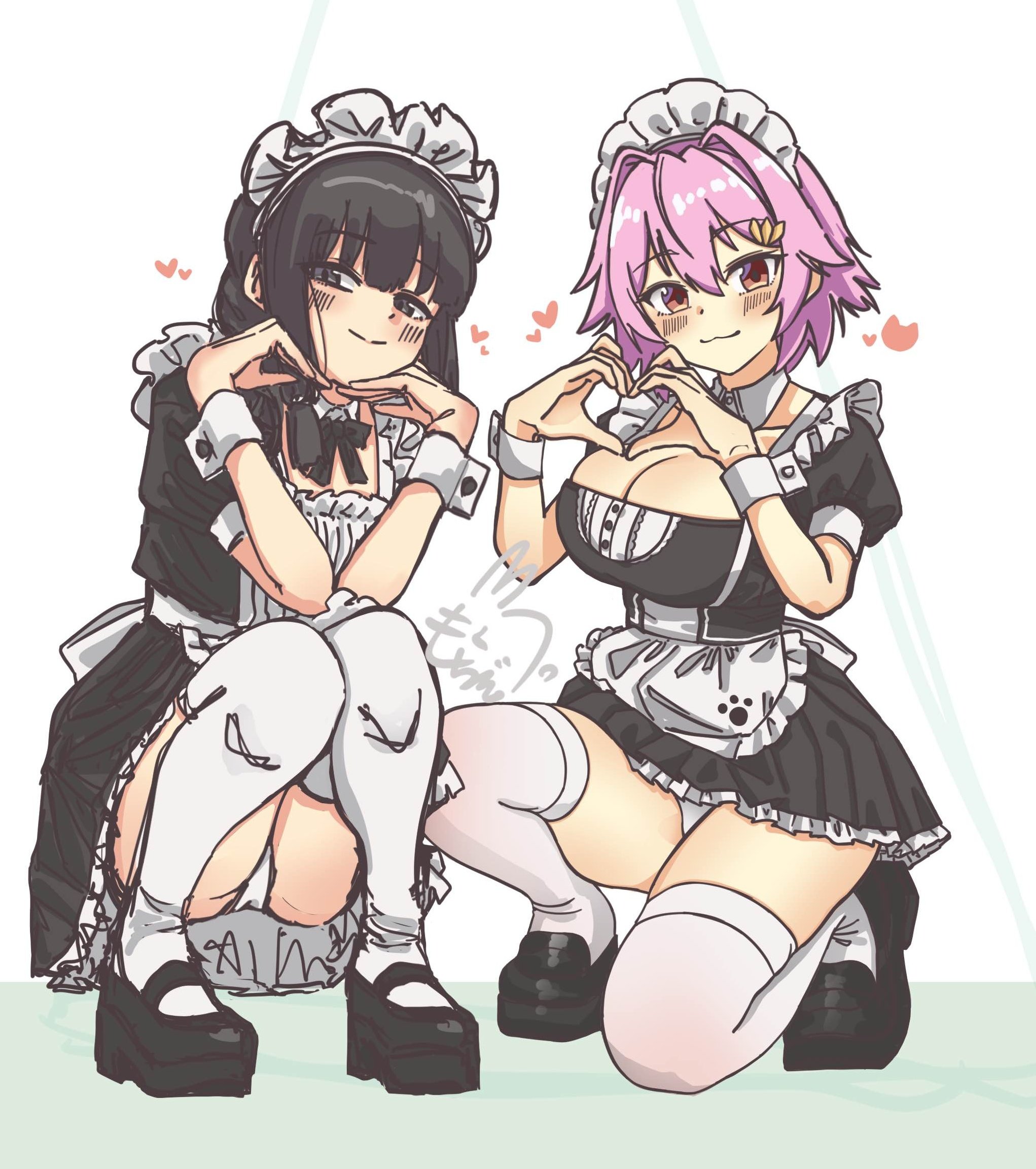 motizou, kitakami (kancolle), tama (kancolle), kantai collection, commentary request, hashtag-only commentary, highres, 2girls, :3, alternate costume, apron, black dress, black hair, blush, braid, breasts, brown eyes, cleavage, detached collar, dress, enmaided, flat chest, frills, good thighs day, heart, heart hands, large breasts, long hair, looking at viewer, maid, maid apron, maid headdress, multiple girls, panties, pantyshot, pink hair, pleated dress, red eyes, short hair, short sleeves, signature, simple background, single braid, smile, squatting, thighhighs, underwear, white apron, white background, white panties, white thighhighs