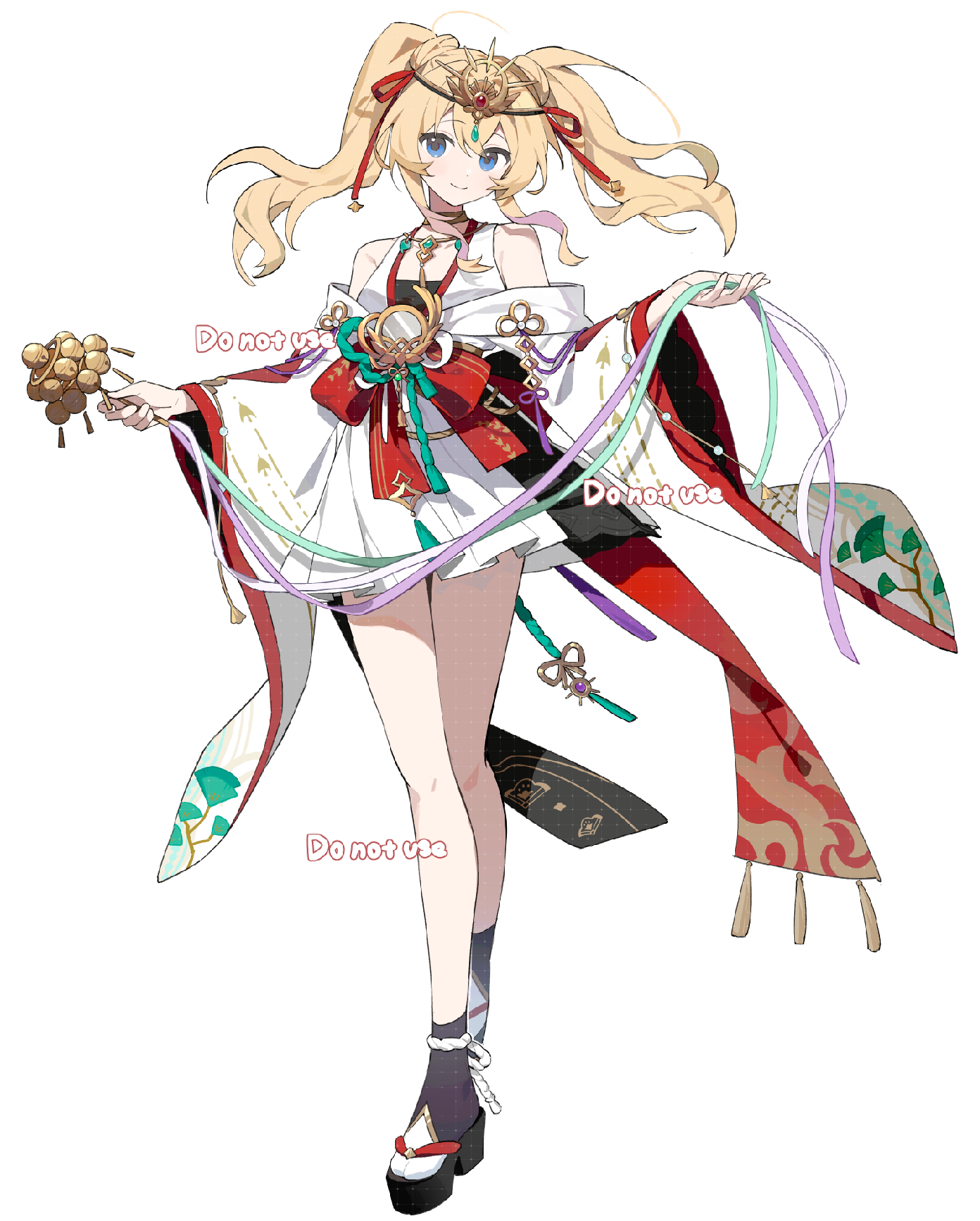 ame ame, original, highres, 1girl, bare shoulders, black sandals, blonde hair, blue eyes, closed mouth, double-parted bangs, full body, hair between eyes, hands up, japanese clothes, kimono, long hair, long sleeves, looking at viewer, okobo, platform sandals, sandals, simple background, smile, socks, solo, standing, tabi, twintails, watermark, white background, white kimono, white socks, wide sleeves