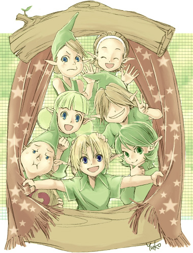 fado, fado (ocarina of time), link, mido (zelda), redheaded kokiri girl, saria (zelda), young link, nintendo, the legend of zelda, the legend of zelda: ocarina of time, lowres, 3boys, 3girls, blonde hair, blue eyes, brown hair, green eyes, green hair, hairband, hat, kokiri, multiple boys, multiple girls, pointy ears, smile