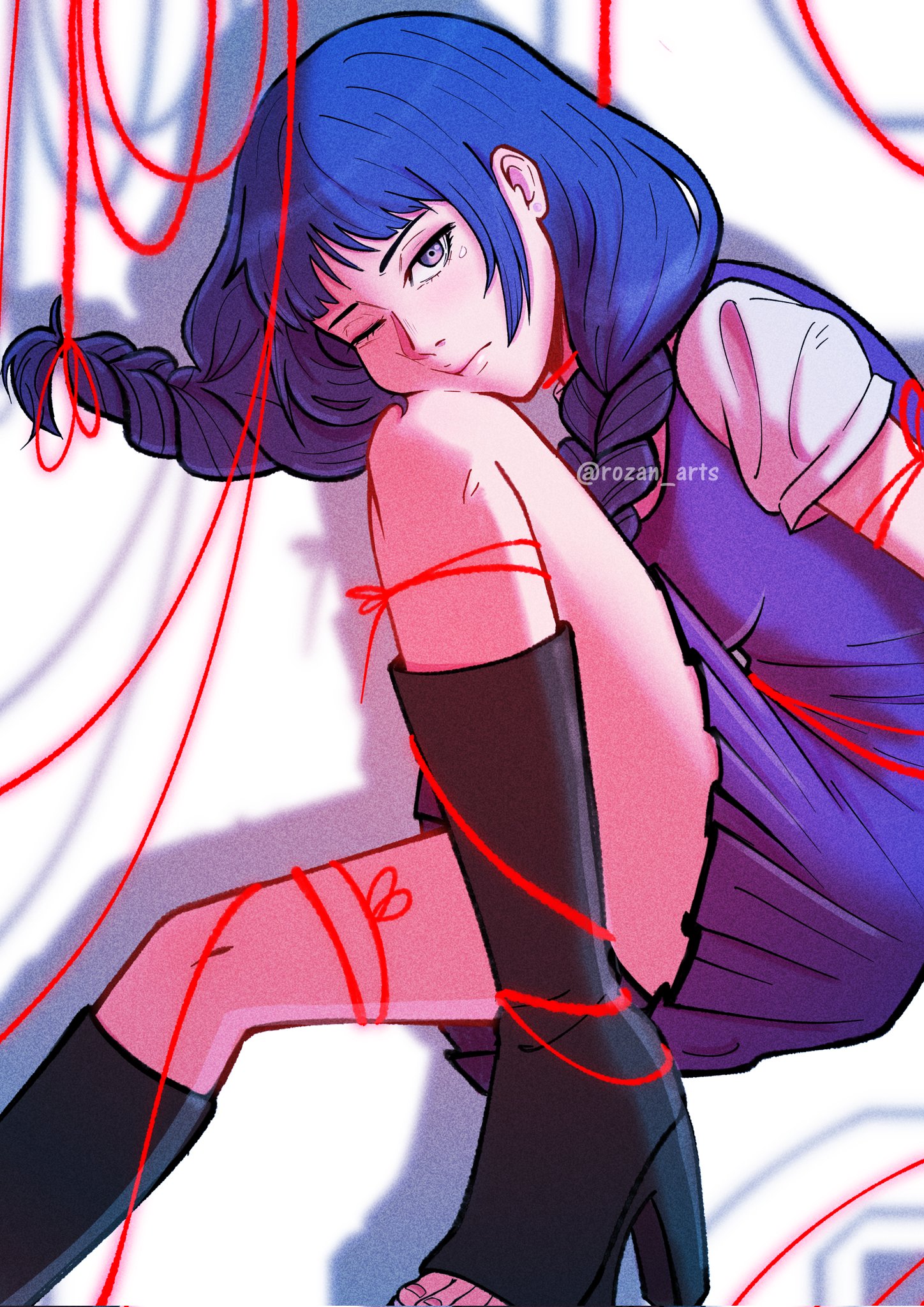 kakei sumire, boruto: two blue vortex, naruto (series), commentary, corrupted twitter file, highres, 1girl, blue hair, boots, braid, breasts, dress, film grain, from side, frown, head on knee, head rest, high heel boots, high heels, knee boots, looking at viewer, low twin braids, medium breasts, one eye closed, open-toe boots, pleated dress, purple dress, purple eyes, red ribbon, ribbon, rozan arts, short dress, solo, twin braids, twitter username