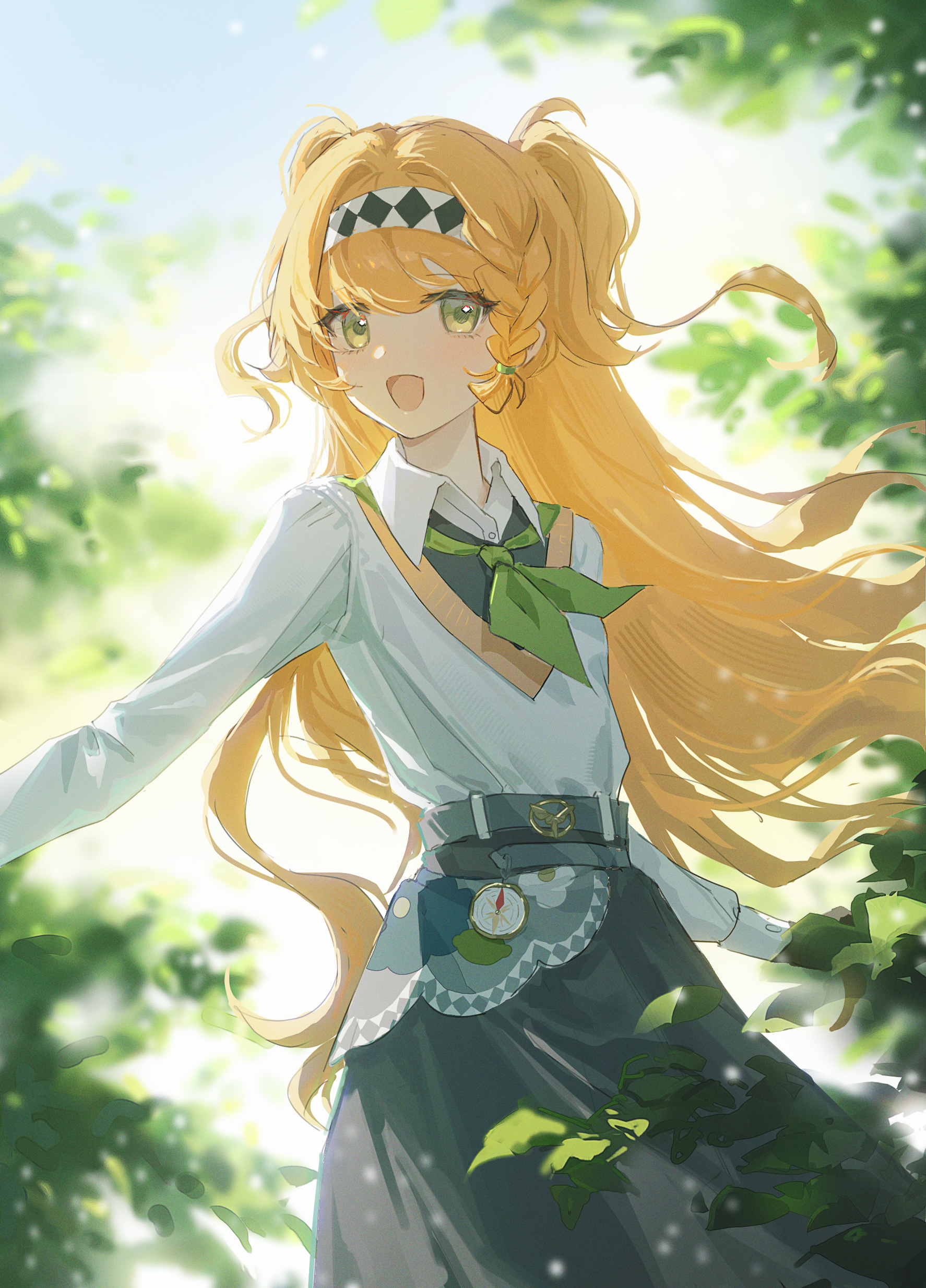 yukiri (l ii), sonetto (reverse:1999), reverse:1999, absurdres, highres, 1girl, :d, argyle clothes, argyle hairband, black skirt, blue sky, braid, braided sidelock, collared shirt, compass, floating hair, green eyes, green neckerchief, long hair, looking at viewer, neckerchief, official alternate costume, open mouth, orange hair, outdoors, shirt, skirt, sky, smile, solo, tree, two side up, upper body, white shirt