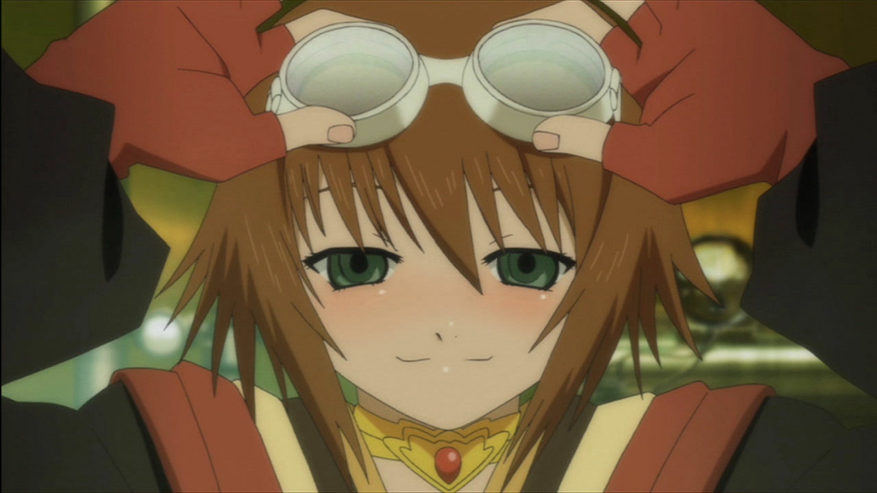 rita mordio, tales of (series), tales of vesperia, 00s, 1girl, adjusting goggles, blush, brown hair, empty eyes, female focus, fingerless gloves, gloves, goggles, goggles on head, green eyes, looking at viewer, red gloves, short hair, solo