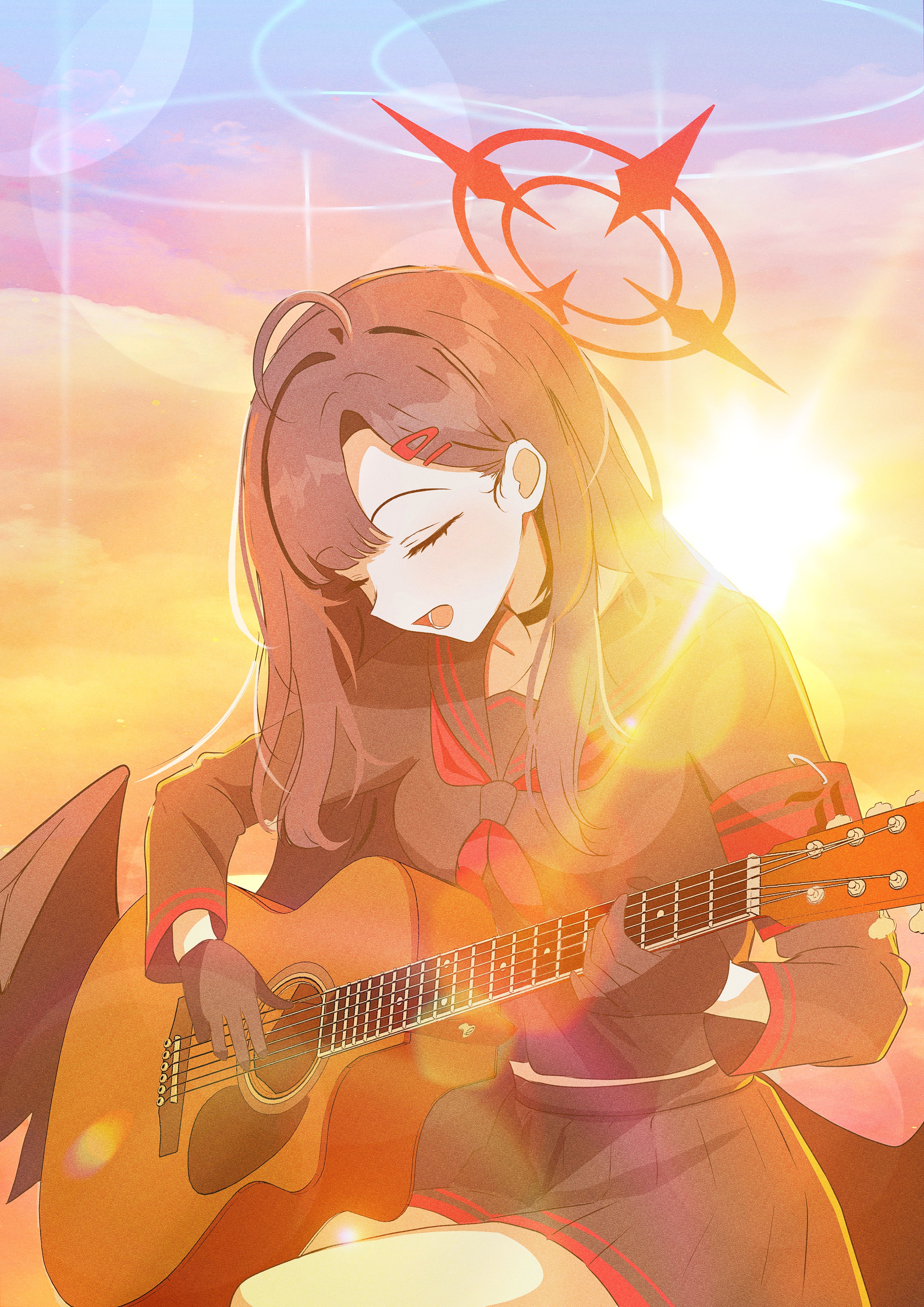 himmel gewalt, ichika (blue archive), blue archive, absurdres, commentary request, duplicate, highres, pixel-perfect duplicate, 1girl, ahoge, armband, black choker, black gloves, black hair, black serafuku, black shirt, black skirt, black wings, choker, closed eyes, dusk, feathered wings, gloves, guitar, hair ornament, hairclip, halo, instrument, long hair, long sleeves, low wings, music, neckerchief, open mouth, playing guitar, playing instrument, red armband, red halo, red neckerchief, school uniform, serafuku, shirt, skirt, sky, solo, sunset, swept bangs, twilight, wings