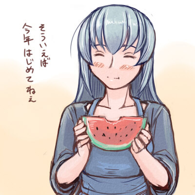 tsuda nanafushi, suigintou, rozen maiden, silver hair, lowres, translated, 00s, 1girl, aged up, casual, closed eyes, eating, female focus, food, fruit, holding, holding food, holding fruit, holding watermelon, solo, watermelon