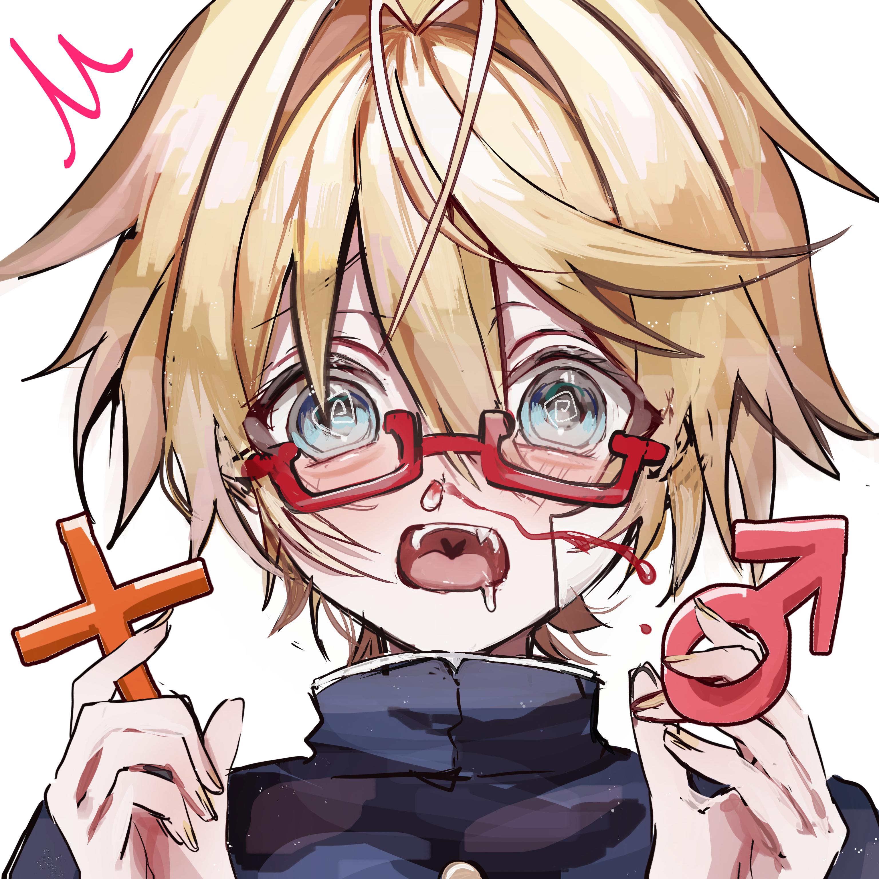len 02, kagamine len, plus danshi (vocaloid), vocaloid, absurdres, commentary request, highres, partial commentary, 1boy, @ @, ^^^, bishounen, black jacket, blonde hair, blood, blue eyes, blush, close-up, drooling, excessive nosebleed, gakuran, glasses, hair between eyes, hair intakes, hands up, heart, heart-shaped throat, holding, holding symbol, jacket, looking at viewer, male focus, mars symbol, nosebleed, open mouth, plus sign, portrait, rectangular mouth, red-framed eyewear, saliva, school uniform, short hair, sidelocks, simple background, solo, straight-on, teeth, tissue in nose, white background, wide-eyed