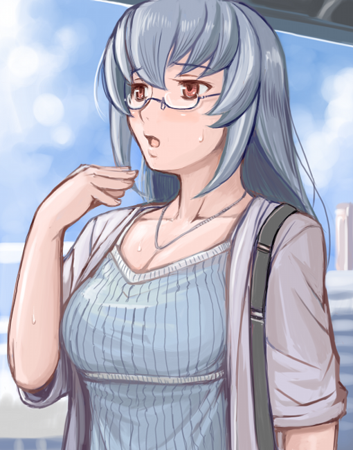 tsuda nanafushi, suigintou, rozen maiden, silver hair, 00s, aged up, casual, glasses, jewelry, necklace, solo, sweat