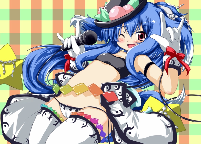 nanpuu, hinanawi tenshi, touhou, 1girl, :d, animal ears, armband, bandeau, bikini, blue hair, blush, bow, cable, cameltoe, dog ears, dog tail, dutch angle, fang, female focus, flat chest, food, food-themed clothes, fruit, gloves, hat, holding, idol, long hair, lowleg, lowleg bikini, m/, microphone, one eye closed, open mouth, peach, plaid background, red eyes, ribbon, rope, sidelocks, skirt, smile, solo, star (symbol), swimsuit, tail, thighhighs, very long hair, white gloves, white thighhighs, wide hips, wink, wrist ribbon