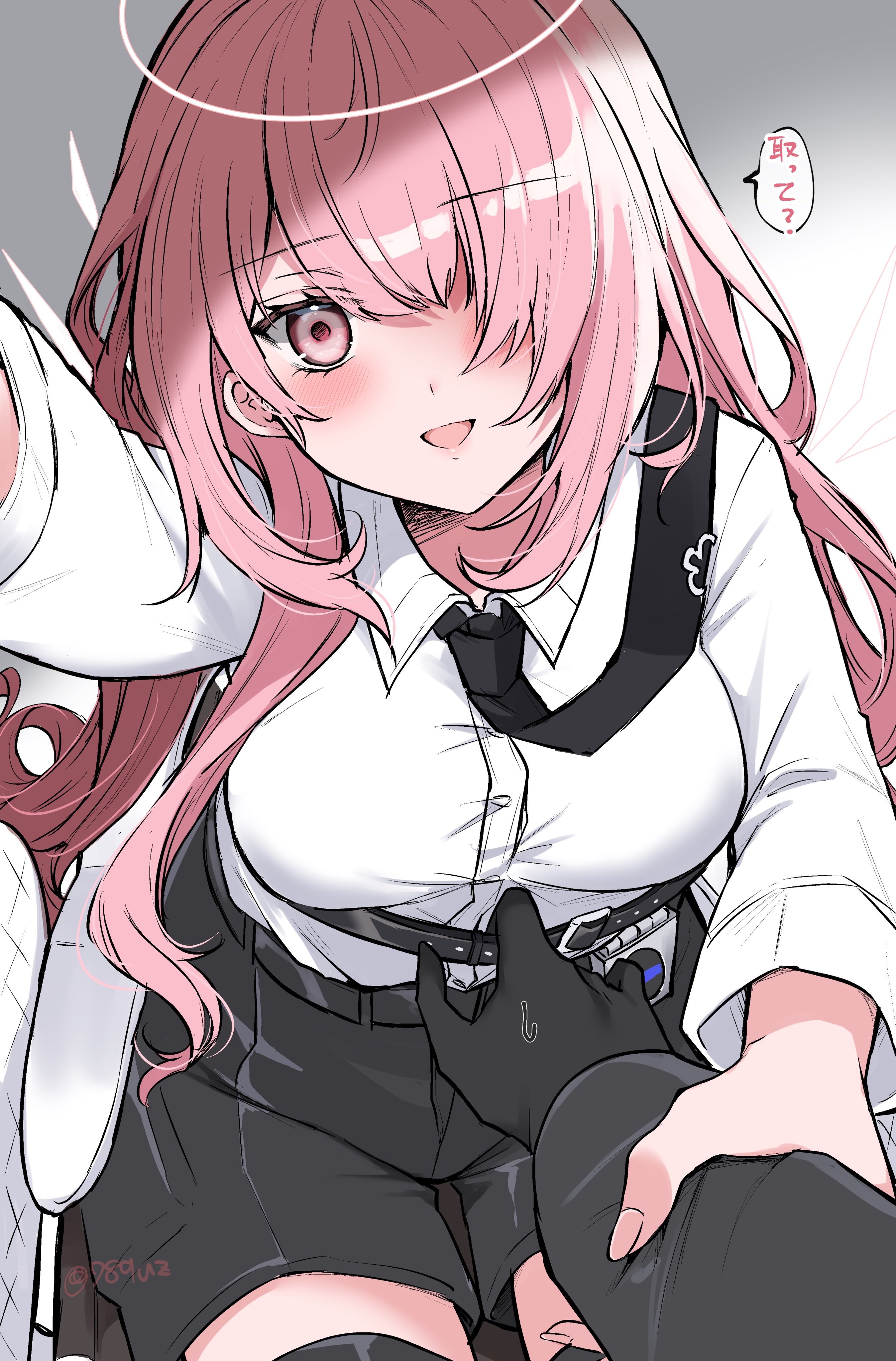 amesaki vanilla, lemuen (arknights), arknights, absurdres, highres, translation request, 1girl, :d, belt, black belt, black gloves, black necktie, black shorts, blush, buttons, collared shirt, dress shirt, gloves, grabbing another's arm, hair over one eye, halo, high belt, long hair, long sleeves, looking at viewer, necktie, one eye covered, open mouth, pink eyes, pink hair, pov, pov hands, shirt, shorts, smile, speech bubble, sweatdrop, traditional halo, white halo, white shirt
