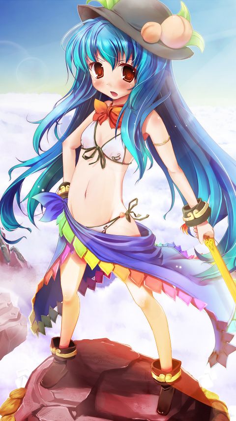 scarlet (studioscr), hinanawi tenshi, touhou, duplicate, bikini, blue hair, blush, bow, bowtie, female focus, front-tie top, hat, loli, side-tie bikini bottom, solo, string bikini, swimsuit, sword, sword of hisou, weapon