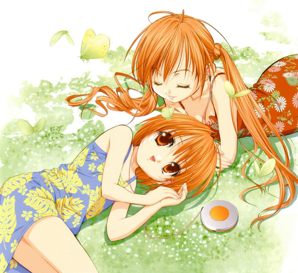tenhiro naoto, kaho (sister princess), sakuya (sister princess), sister princess, 00s, 2girls, breasts, bug, butterfly, cleavage, closed eyes, dress, grass, happy, long hair, lying, multiple girls, on side, on stomach, orange eyes, orange hair, short hair, siblings, sisters, small breasts, smile, twintails
