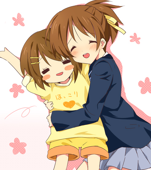paco, hirasawa ui, hirasawa yui, k-on!, 00s, 2girls, = =, age difference, aged down, blazer, blush, brown hair, child, closed eyes, hair ornament, hair ribbon, hairclip, hug, jacket, multiple girls, onee-loli, open mouth, ribbon, school uniform, shorts, siblings, sisters, smile, time paradox, yuri