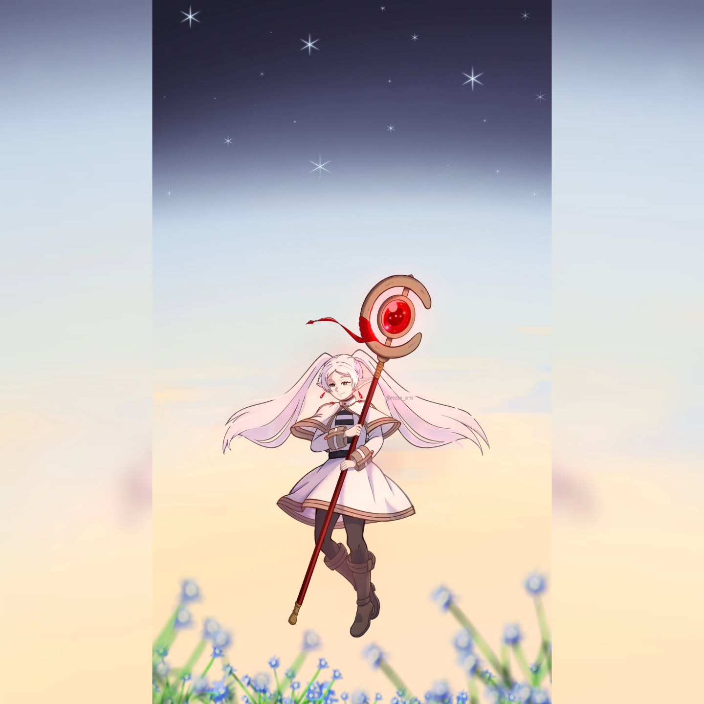 frieren, sousou no frieren, commentary, english commentary, highres, making-of available, 1girl, black pantyhose, blurry, boots, capelet, elf, floating, flower, full body, holding, holding staff, instagram username, jacket, knee boots, long hair, medium skirt, pantyhose, pillarboxed, pointy ears, rozan arts, skirt, sky, smile, solo, staff, star (sky), starry sky, twintails, very long hair, white capelet, white hair, white jacket
