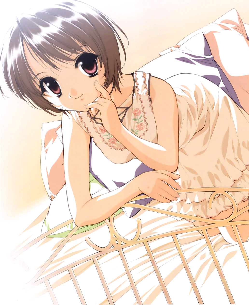tenhiro naoto, rinrin (sister princess), sister princess, highres, 00s, bed, bent over, brown hair, dress, pillow, pink eyes, short hair, smile, solo