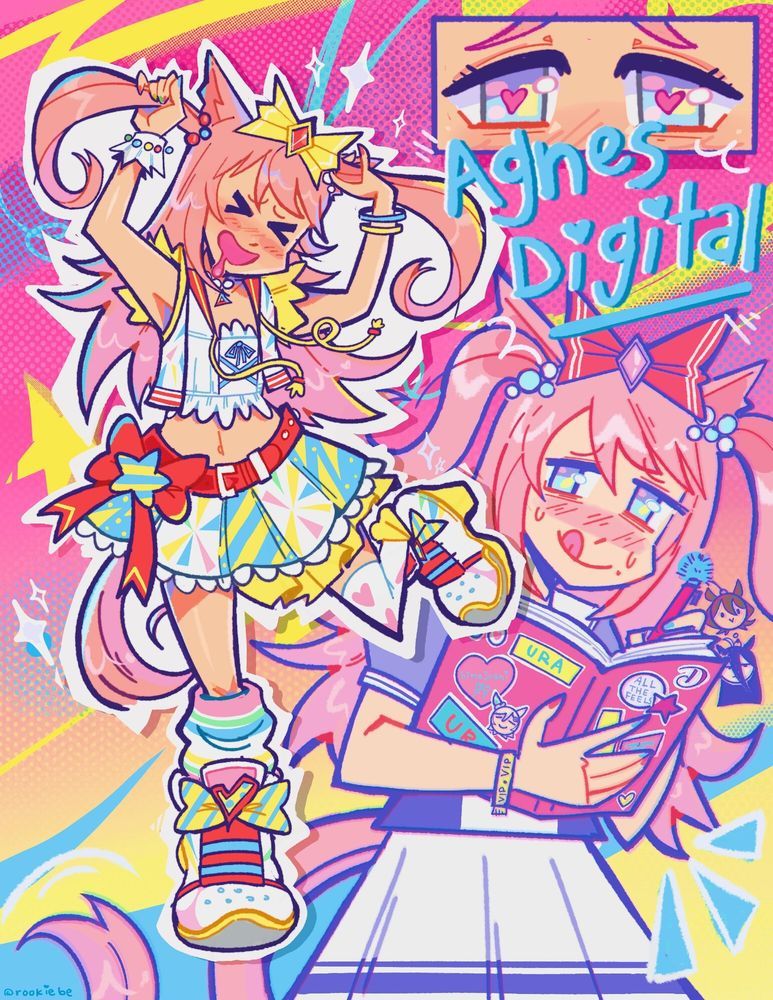 agnes digital (full-color fangirling) (umamusume), agnes digital (umamusume), agnes tachyon (umamusume), manhattan cafe (umamusume), umamusume, alt text, commentary, english commentary, > <, 1girl, :d, aegyo sal, animal ears, armpits, asymmetrical legwear, bare arms, bead bracelet, bead choker, beads, belt, belt buckle, blue eyes, blue shirt, blue skirt, blush, book, bow, bracelet, buckle, character charm, character name, charm (object), choker, close-up, collarbone, cowboy shot, cropped shirt, diamond hair ornament, dot nose, drooling, footwear bow, frilled shirt, frills, full body, gradient background, hair bobbles, hair bow, hair ornament, halftone, halftone background, happy, heart, heart in eye, heart print, holding, holding book, holding own hair, holding pen, horse ears, horse girl, horse tail, jewelry, kneehighs, lace, lace-trimmed skirt, lace trim, large bow, leg up, long hair, loose socks, midriff, miniskirt, mismatched legwear, multicolored socks, multiple bracelets, multiple views, navel, neck tassel, nervous sweating, open book, open mouth, otaku, outline, pen, pink background, pink hair, pleated skirt, print skirt, print thighhighs, puffy short sleeves, puffy sleeves, raised inner eyebrows, red belt, red bow, rookiebe, sailor collar, school uniform, shirt, shoes, short sleeves, single kneehigh, single sock, single thighhigh, single wrist cuff, skirt, sleeveless, sleeveless shirt, smile, sneakers, socks, sparkle, standing, striped bow, striped clothes, striped skirt, striped socks, sweat, symbol in eye, tail, tassel, thighhighs, tongue, tongue out, tracen school uniform, two-tone background, two-tone shirt, two-tone skirt, two side up, very long hair, waist bow, white choker, white outline, white sailor collar, white shirt, white shoes, white skirt, white socks, white thighhighs, white wrist cuffs, wrist cuffs, writing, yellow background, yellow bow